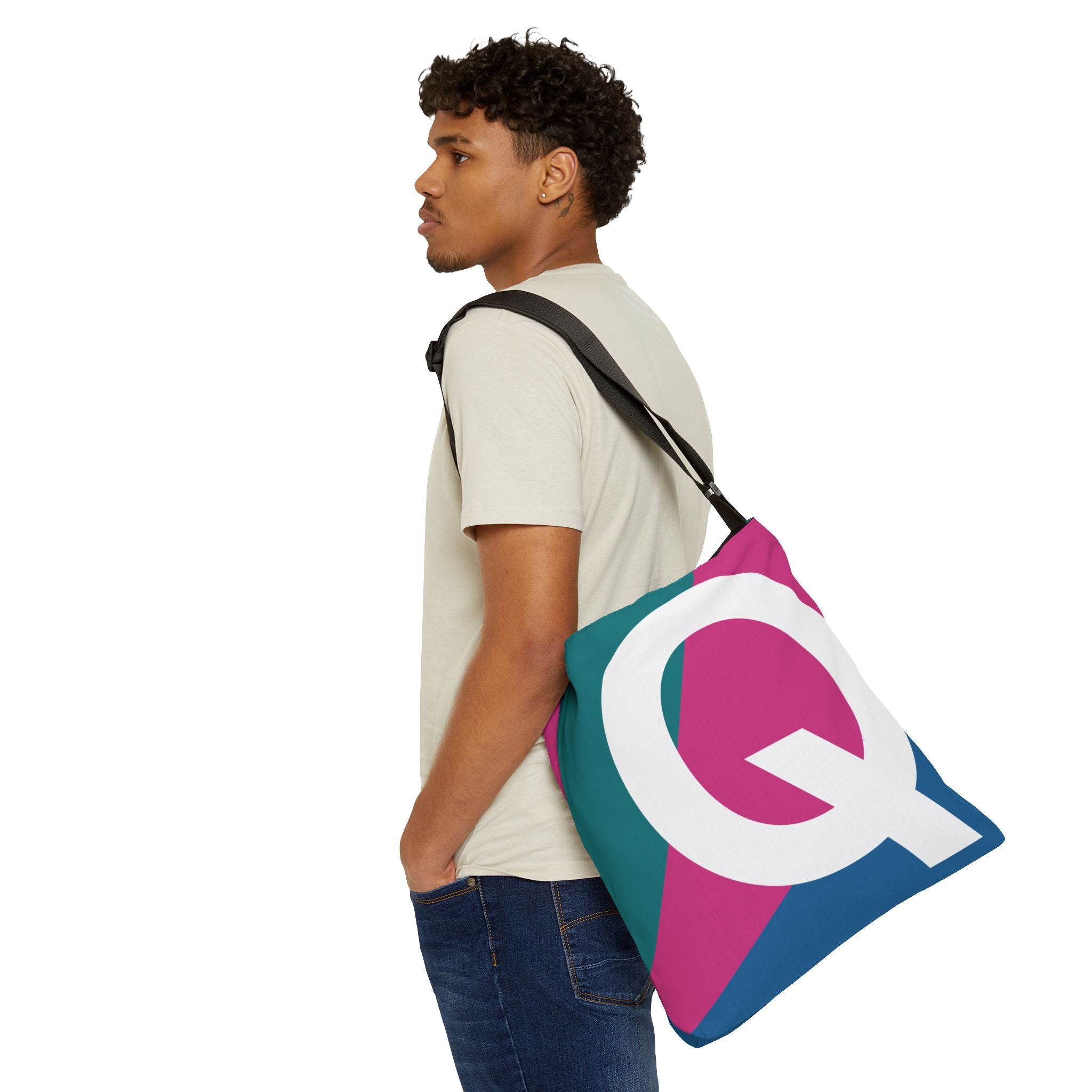 Initial Letter 'Q' Colorblock Adjustable Tote Bag — Monogram Alphabet Shoulder Bag