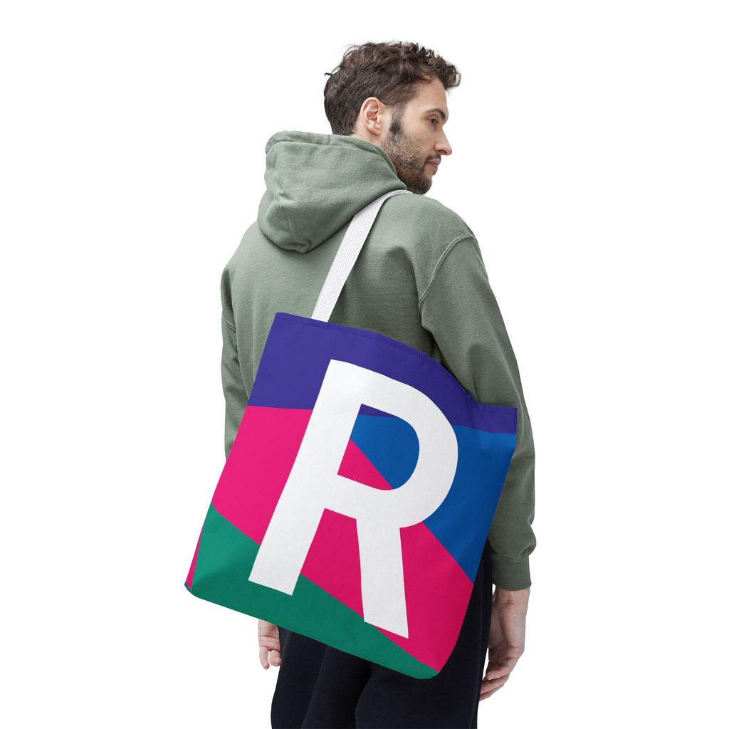 Monogram 'R' Colorblock Tote Bag — Personalized Initial R Shoulder Tote