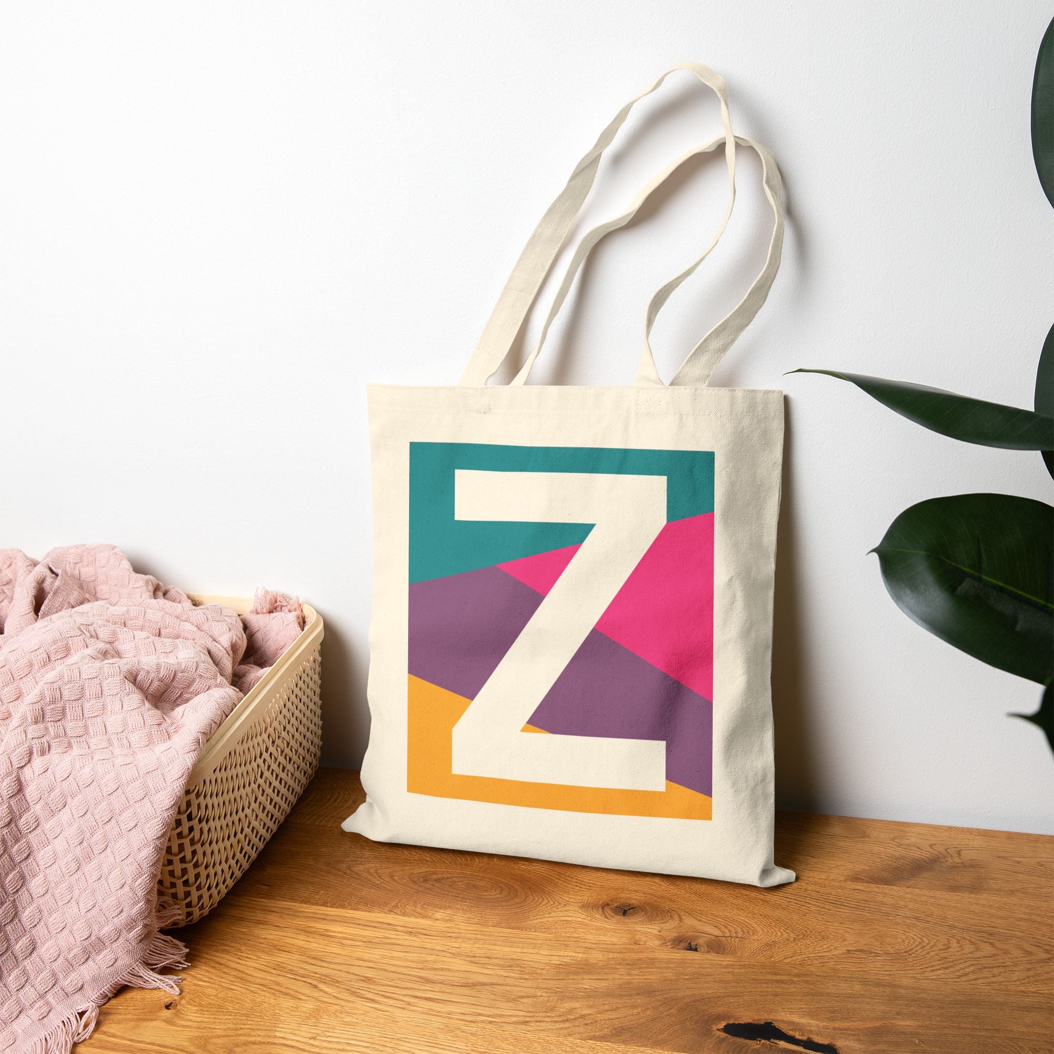 Initial Z Colorblock Canvas Tote Bag — Monogram Letter Z Reusable Grocery Tote