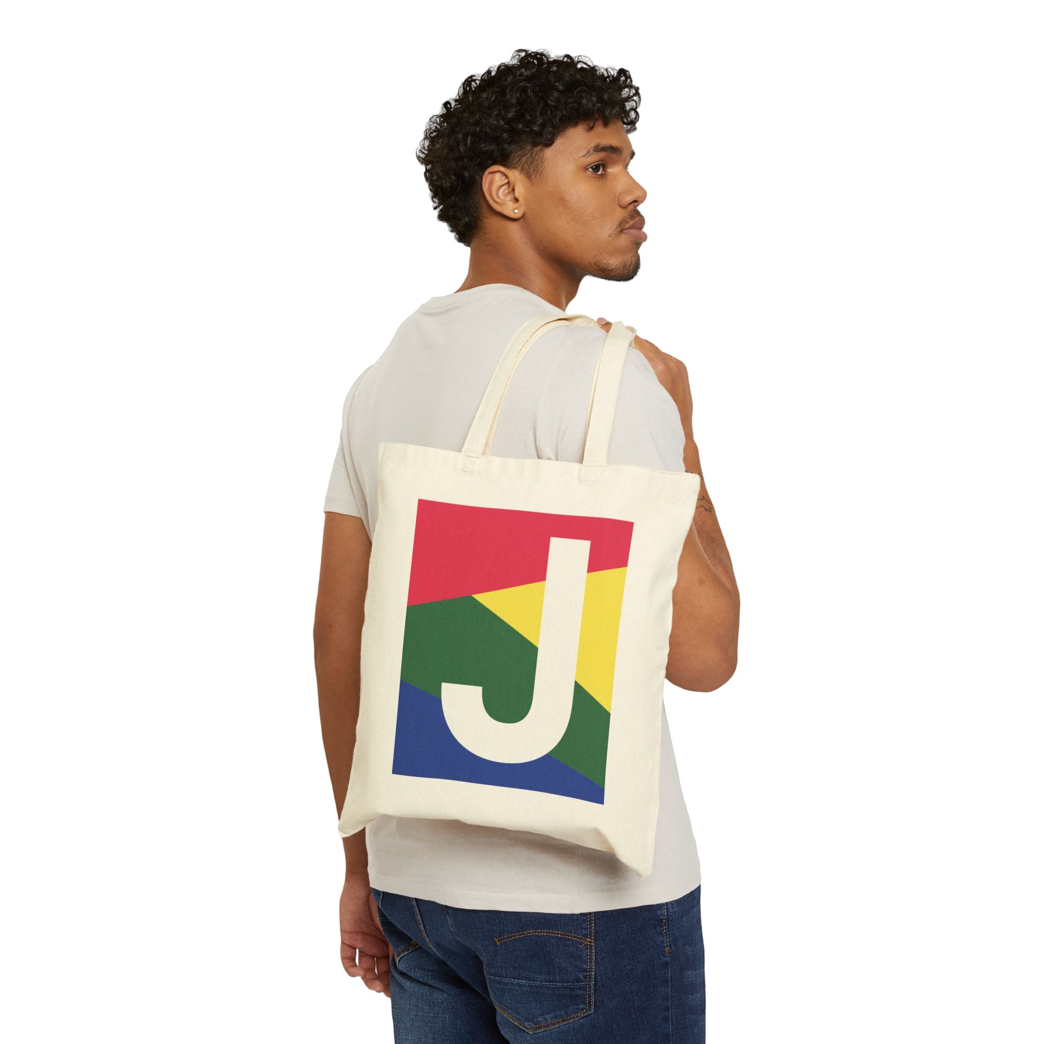 Initial J Colorblock Canvas Tote Bag — Monogram Letter J Reusable Grocery Tote