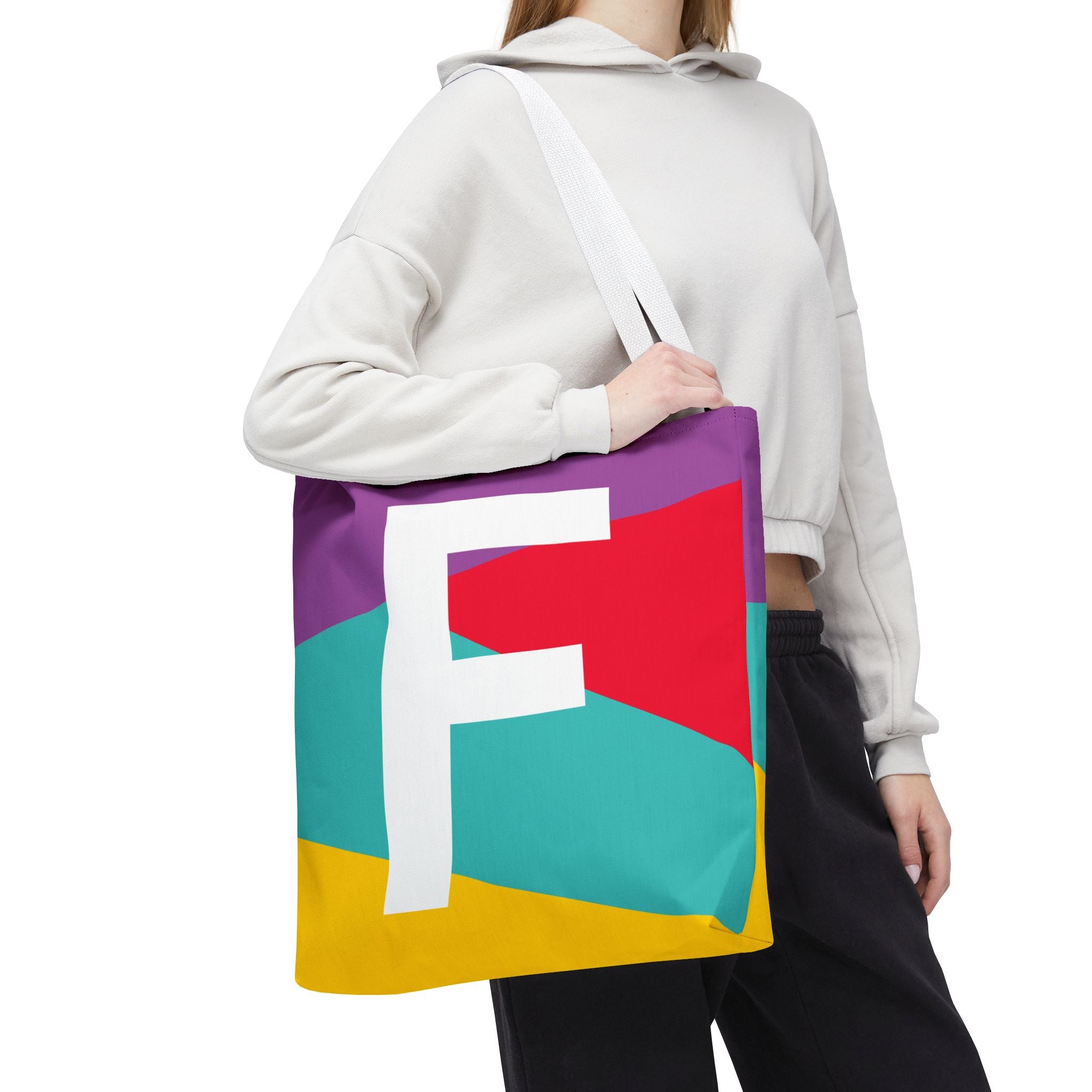 Monogram 'F' Colorblock Tote Bag — Personalized Initial F Shoulder Tote