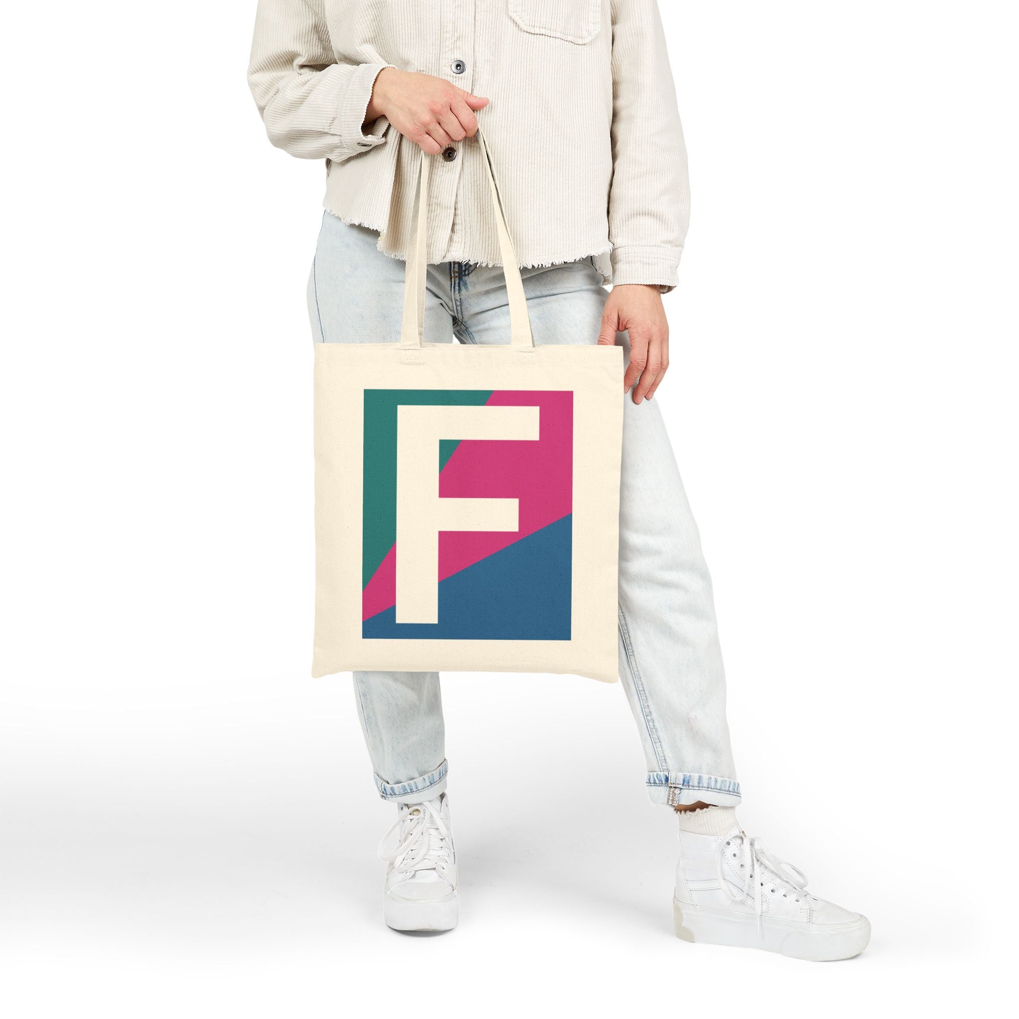 Initial F Colorblock Canvas Tote Bag — Monogram Letter F Reusable Grocery Tote