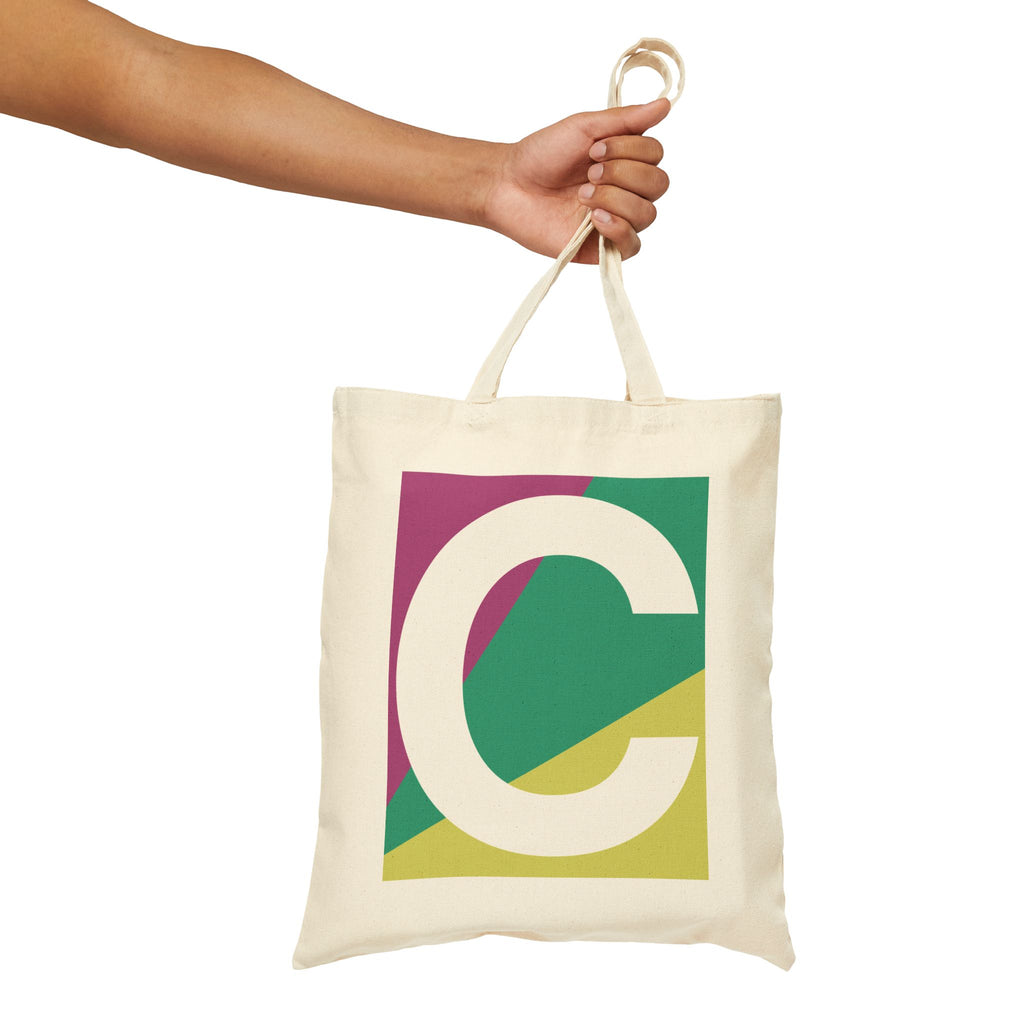 Initial C Colorblock Canvas Tote Bag — Monogram Letter C Reusable Grocery Tote