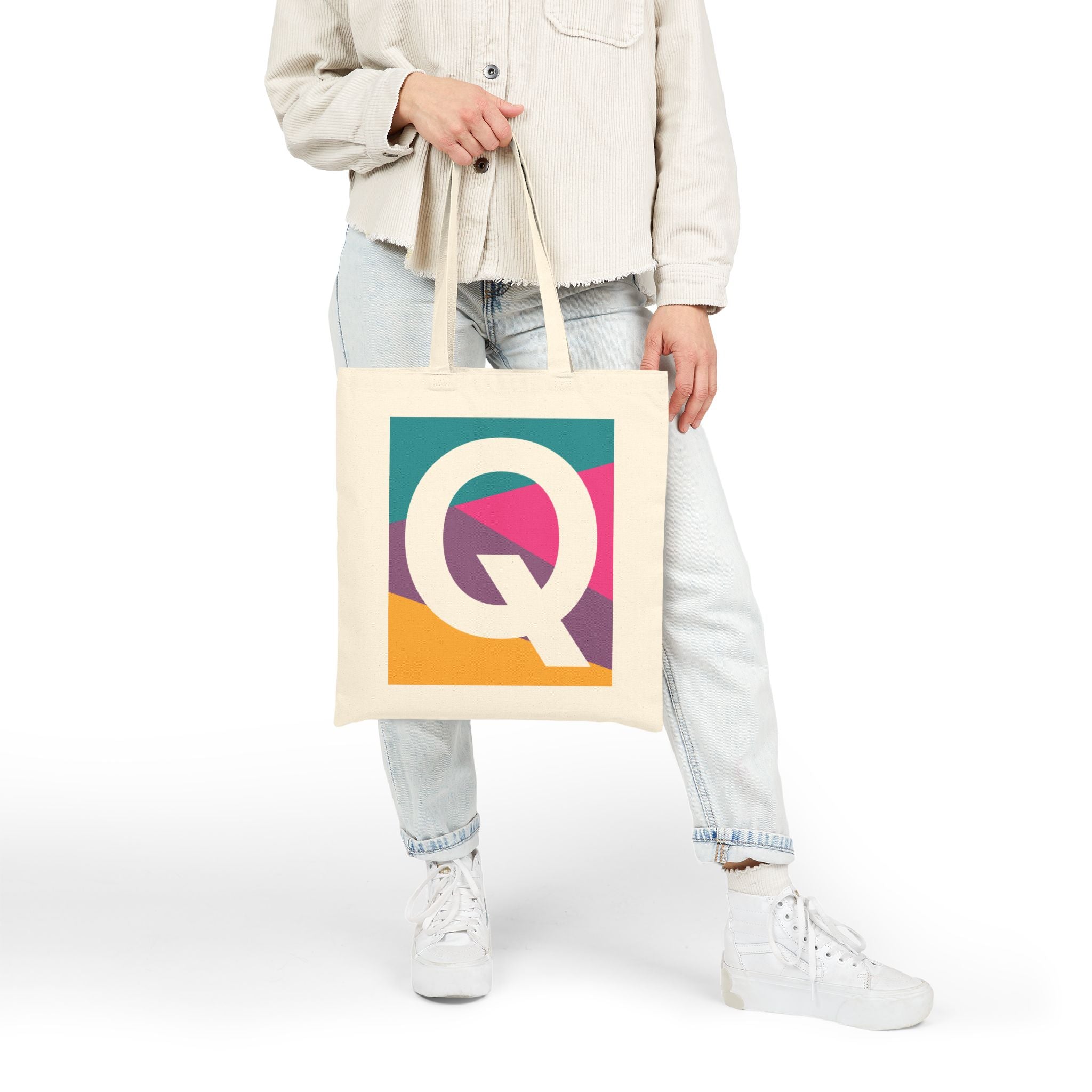 Initial Q Colorblock Canvas Tote Bag — Monogram Letter Q Reusable Grocery Tote