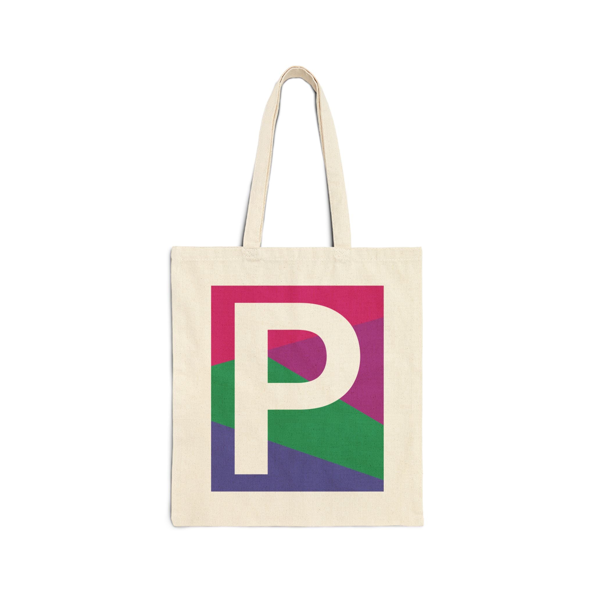Initial P Colorblock Canvas Tote Bag — Monogram Letter P Reusable Grocery Tote