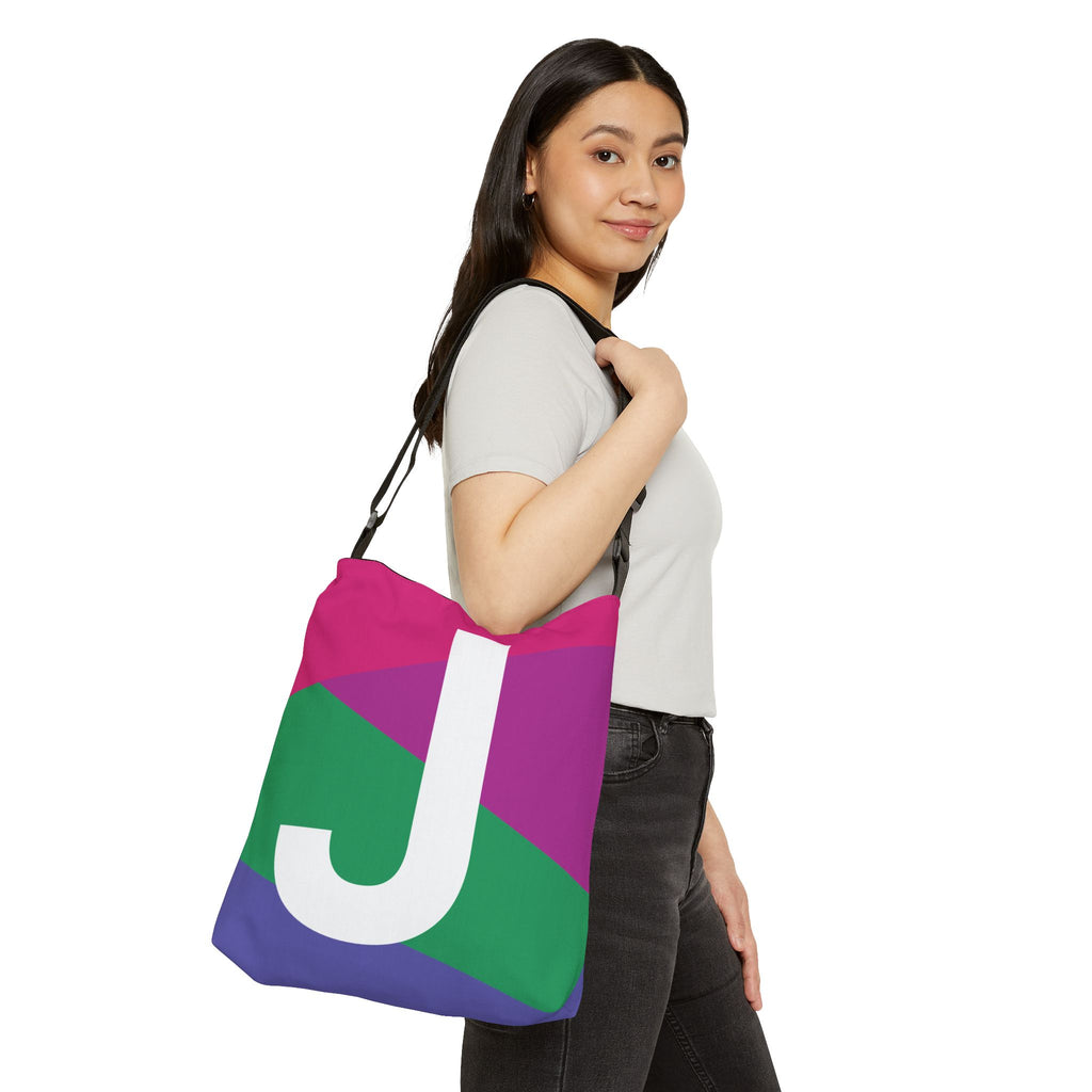 Initial Letter 'J' Colorblock Adjustable Tote Bag — Monogram Alphabet Shoulder Bag