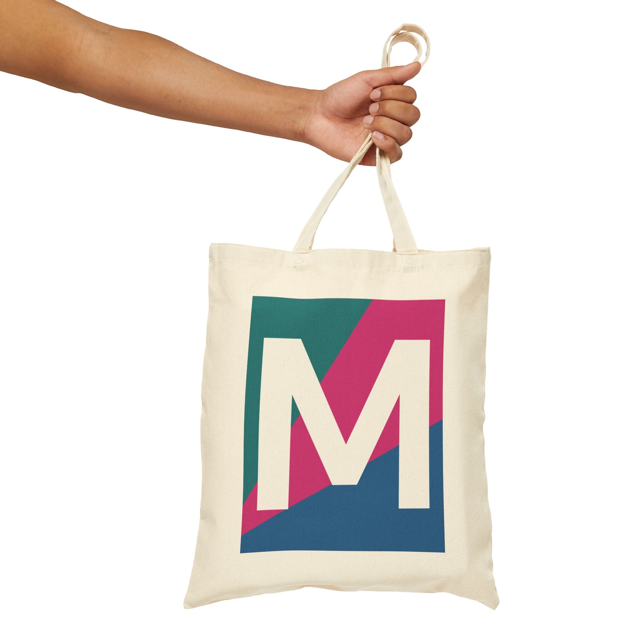 Initial M Colorblock Canvas Tote Bag — Monogram Letter M Reusable Grocery Tote