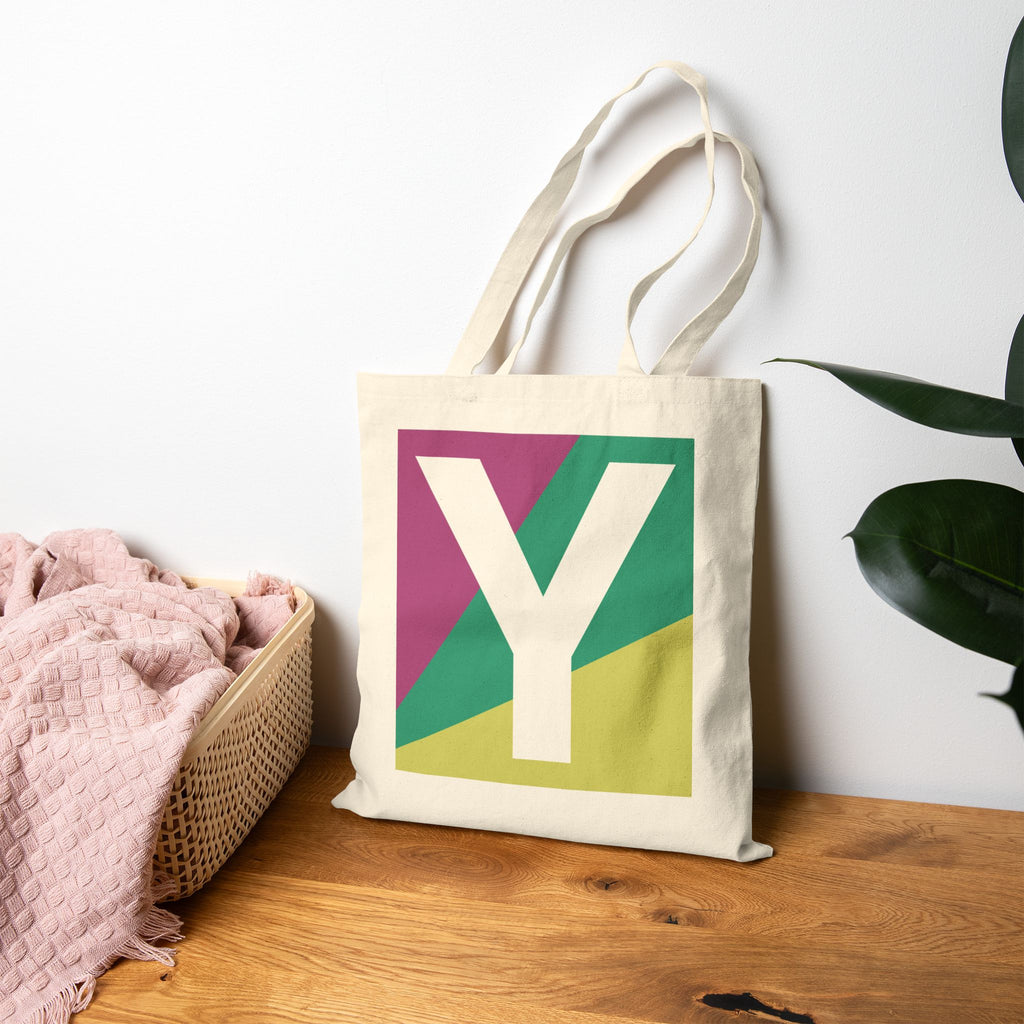 Initial Y Colorblock Canvas Tote Bag — Monogram Letter Y Reusable Grocery Tote