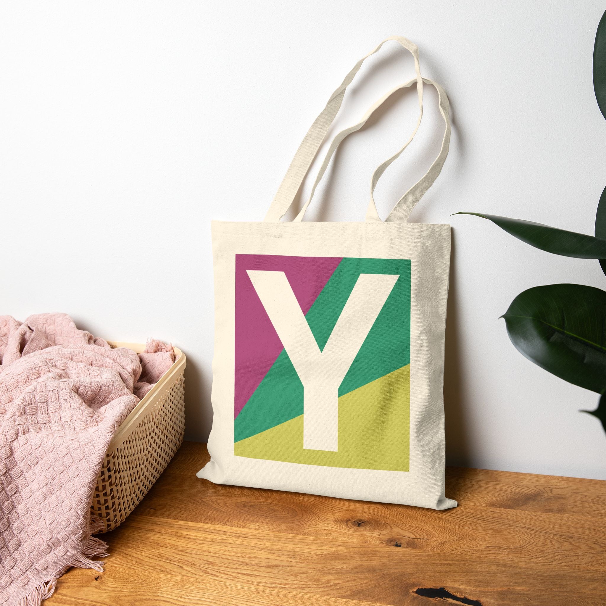 Initial Y Colorblock Canvas Tote Bag — Monogram Letter Y Reusable Grocery Tote
