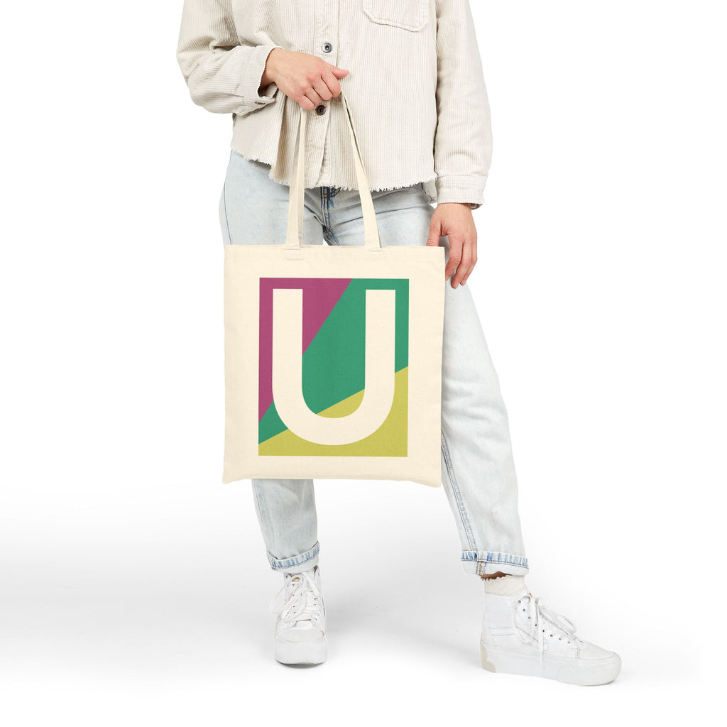 Initial U Colorblock Canvas Tote Bag — Monogram Letter U Reusable Grocery Tote