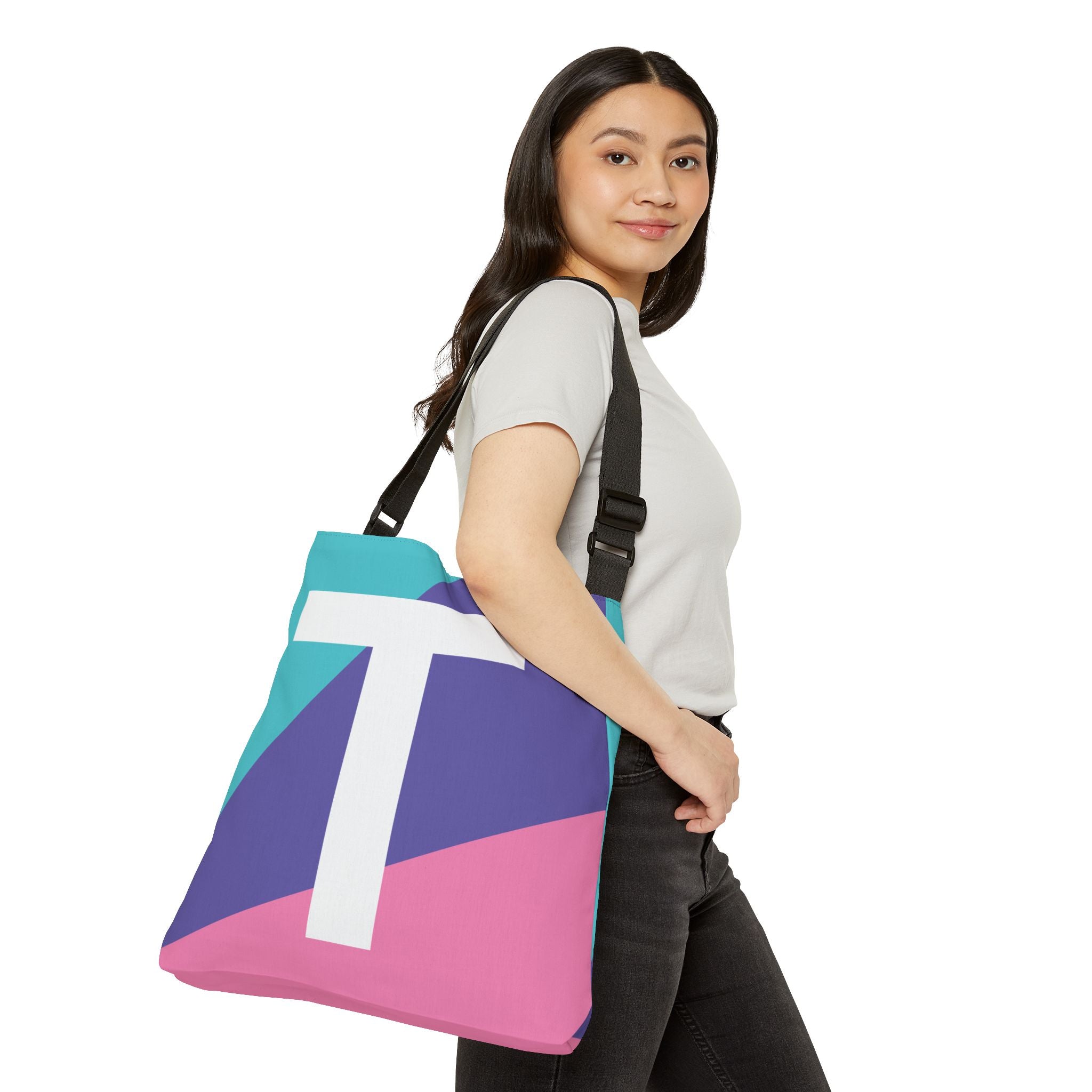 Initial Letter 'T' Colorblock Adjustable Tote Bag — Monogram Alphabet Shoulder Bag