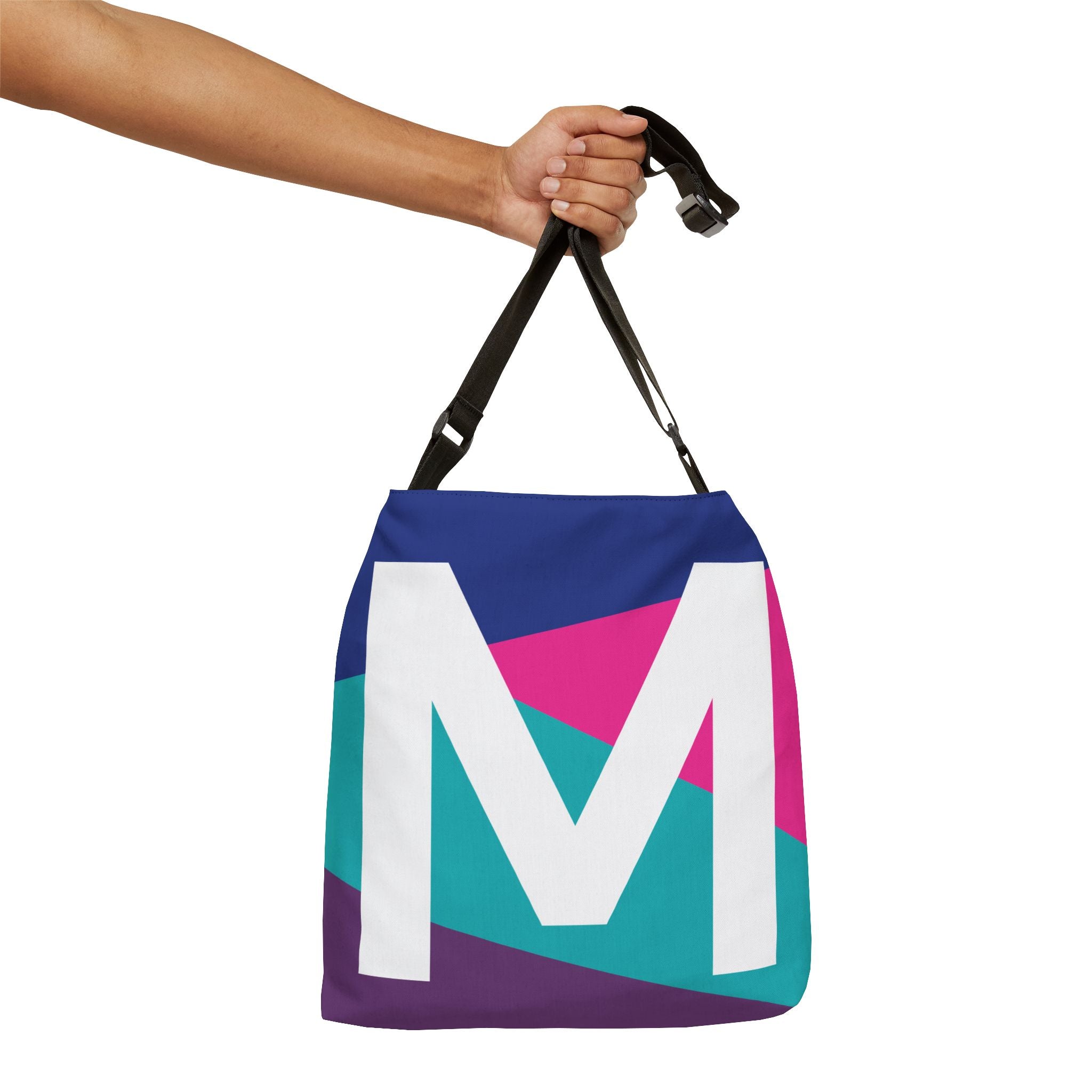 Initial Letter 'M' Colorblock Adjustable Tote Bag — Monogram Alphabet Shoulder Bag