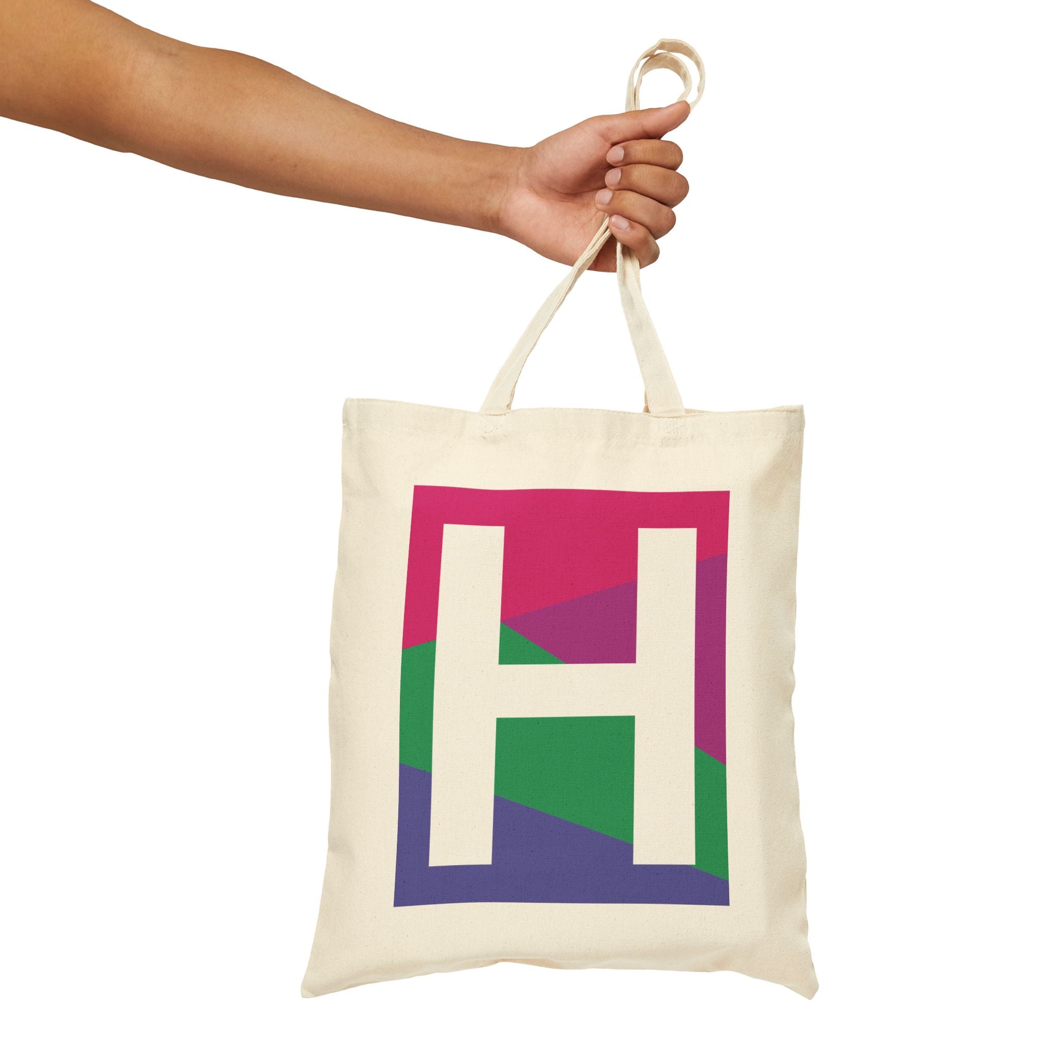 Initial H Colorblock Canvas Tote Bag — Monogram Letter H Reusable Grocery Tote