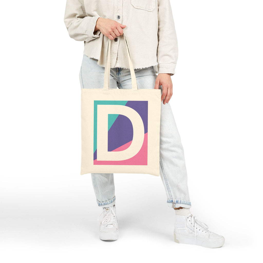Initial D Colorblock Canvas Tote Bag — Monogram Letter D Reusable Grocery Tote