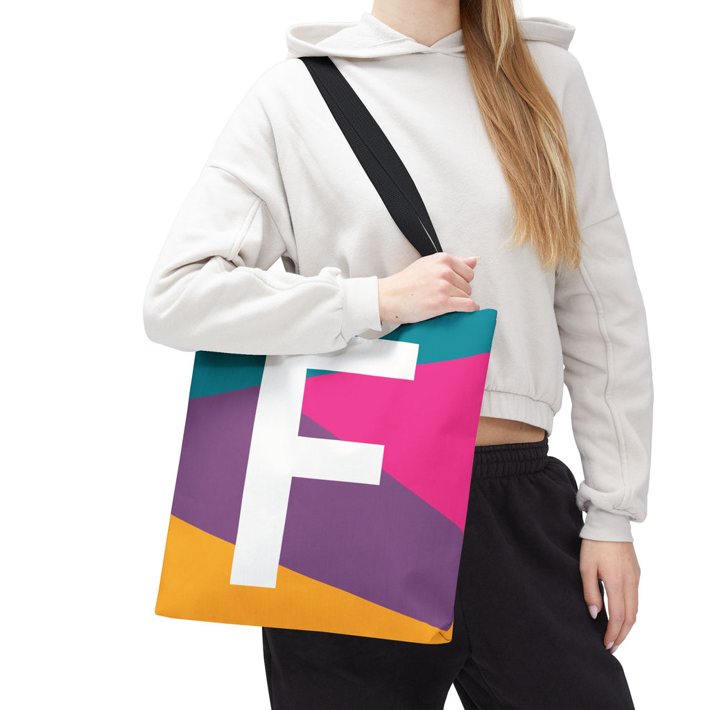 Monogram 'F' Colorblock Tote Bag — Personalized Initial F Shoulder Tote