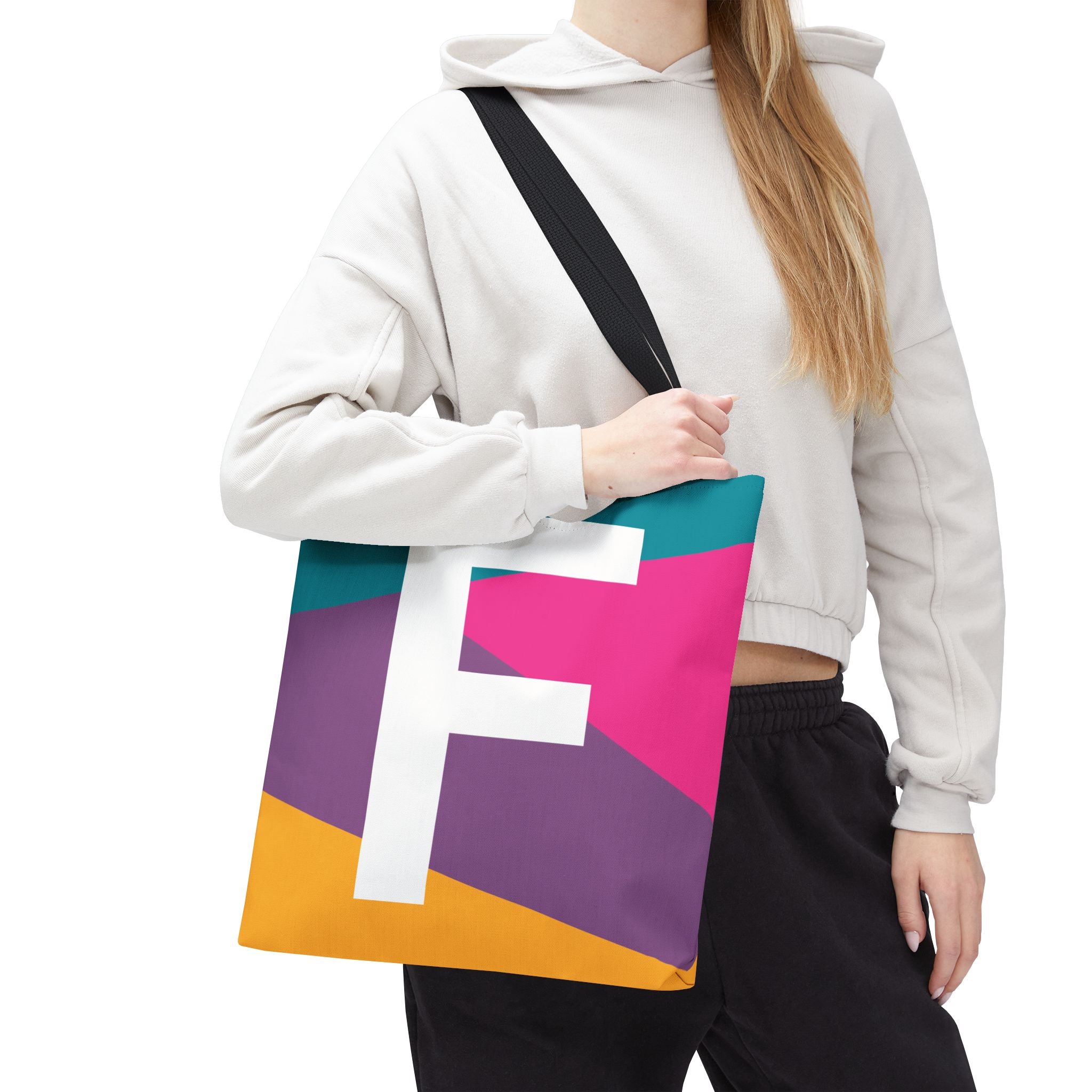 Monogram 'F' Colorblock Tote Bag — Personalized Initial F Shoulder Tote