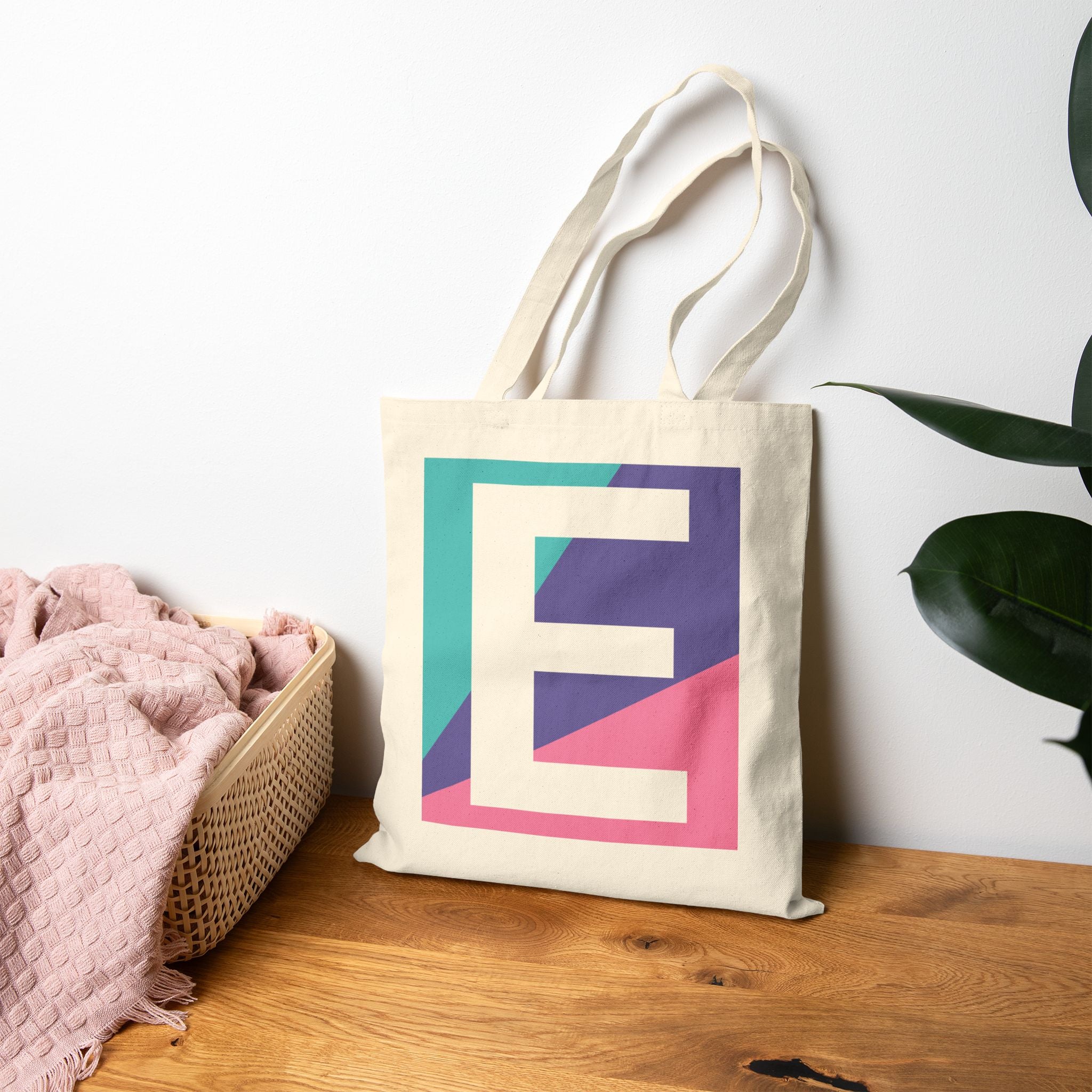 Initial E Colorblock Canvas Tote Bag — Monogram Letter E Reusable Grocery Tote