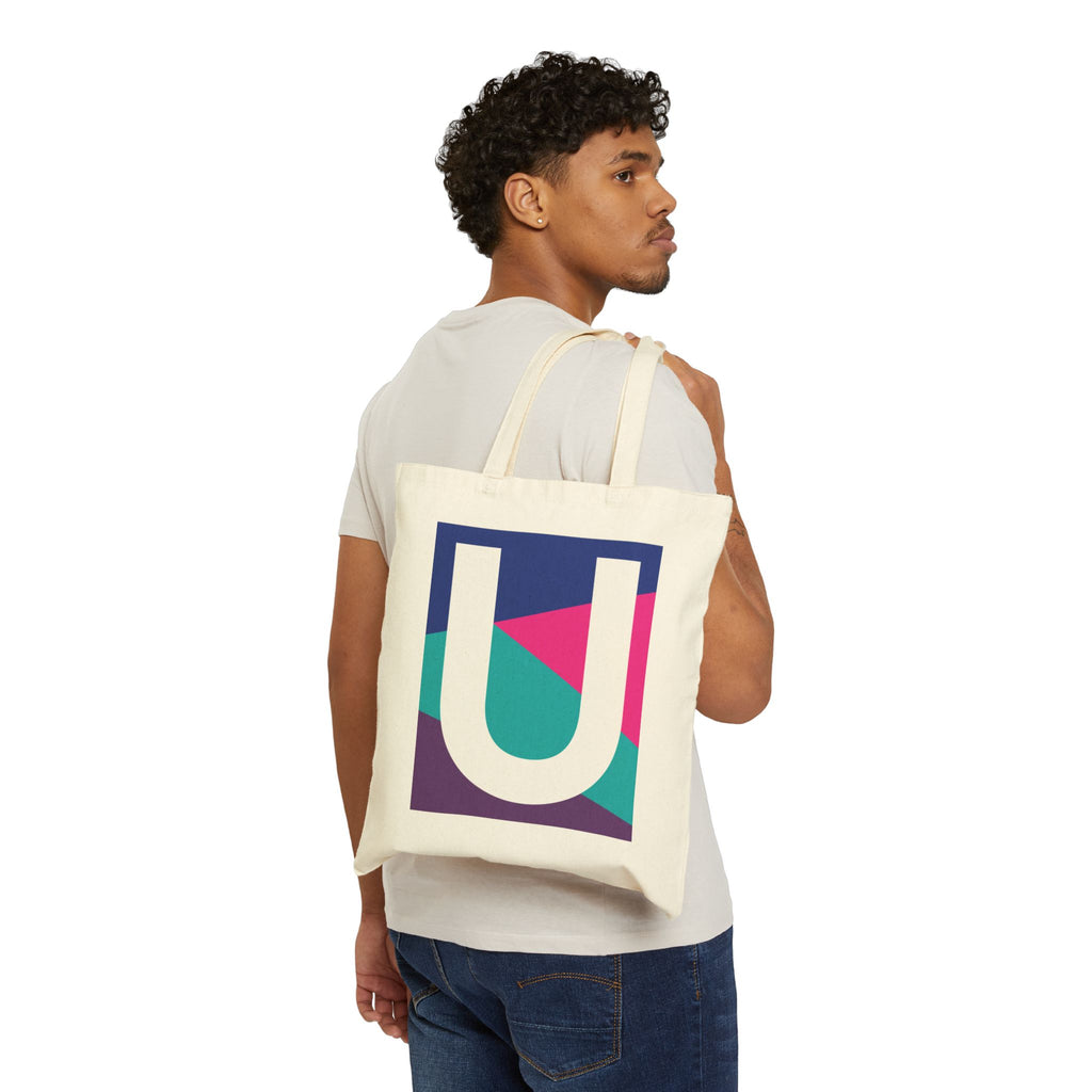 Initial U Colorblock Canvas Tote Bag — Monogram Letter U Reusable Grocery Tote