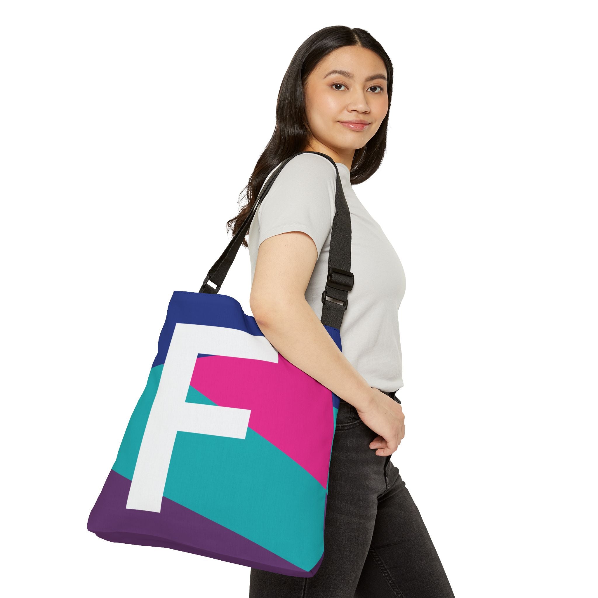 Initial Letter 'F' Colorblock Adjustable Tote Bag — Monogram Alphabet Shoulder Bag