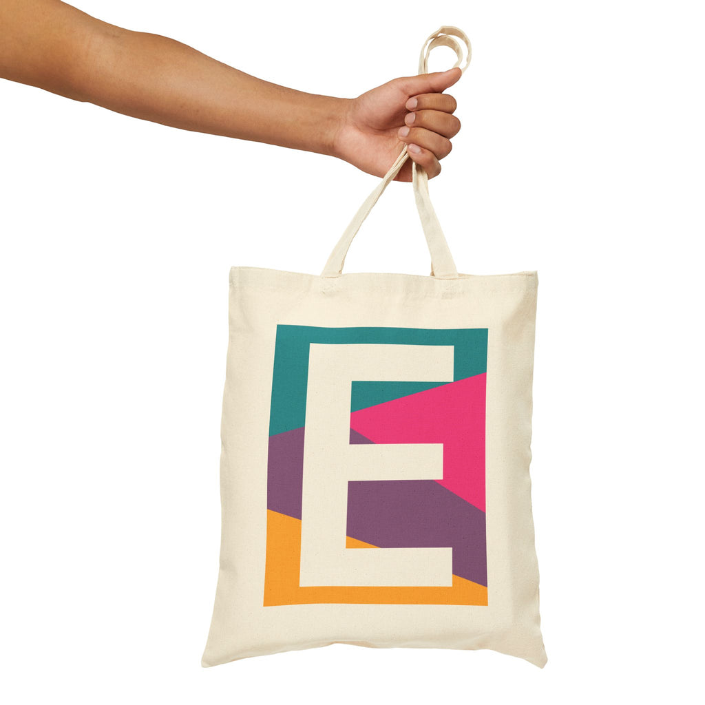 Initial E Colorblock Canvas Tote Bag — Monogram Letter E Reusable Grocery Tote