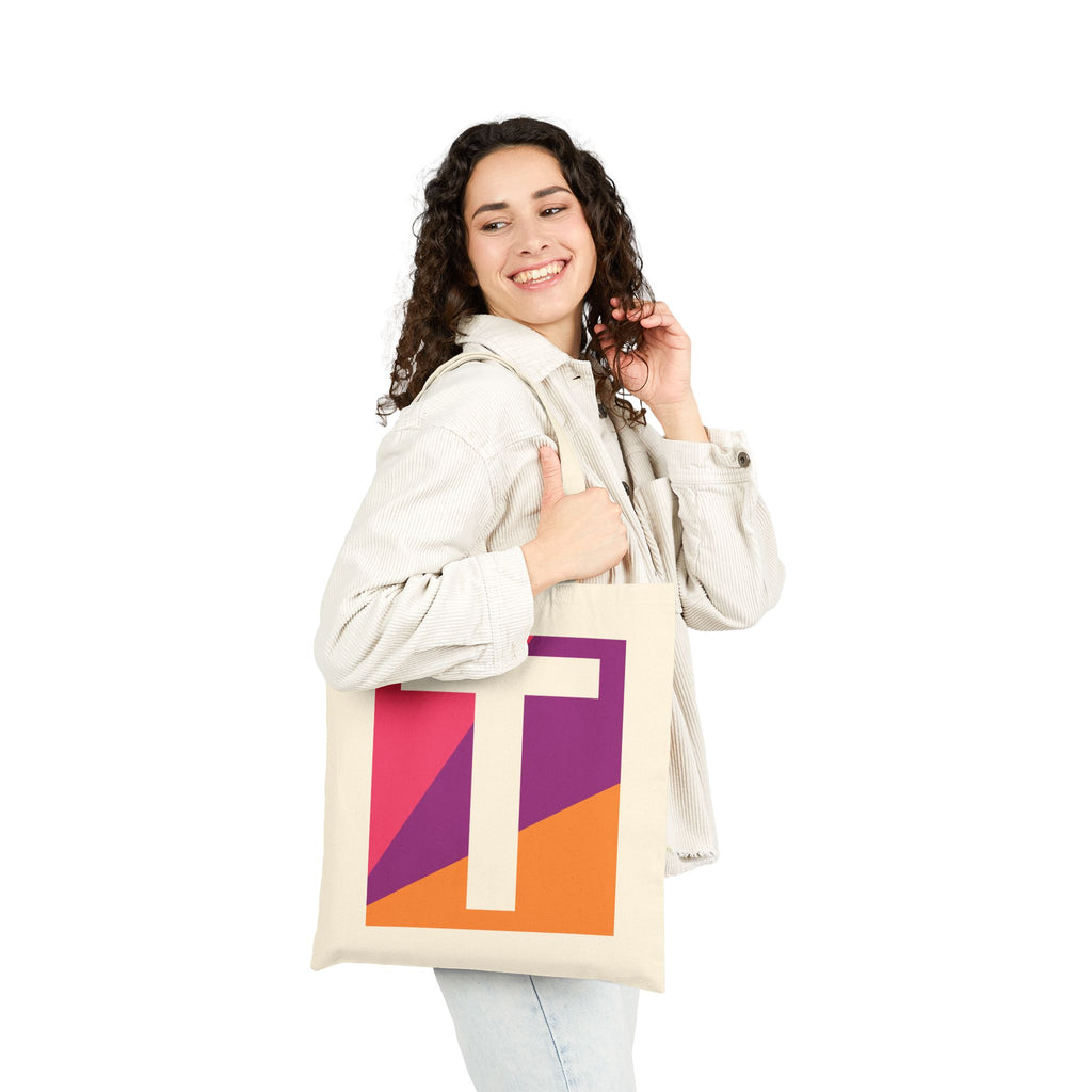 Initial T Colorblock Canvas Tote Bag — Monogram Letter T Reusable Grocery Tote