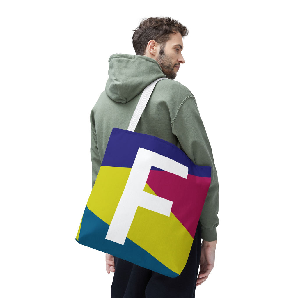 Monogram 'F' Colorblock Tote Bag — Personalized Initial F Shoulder Tote