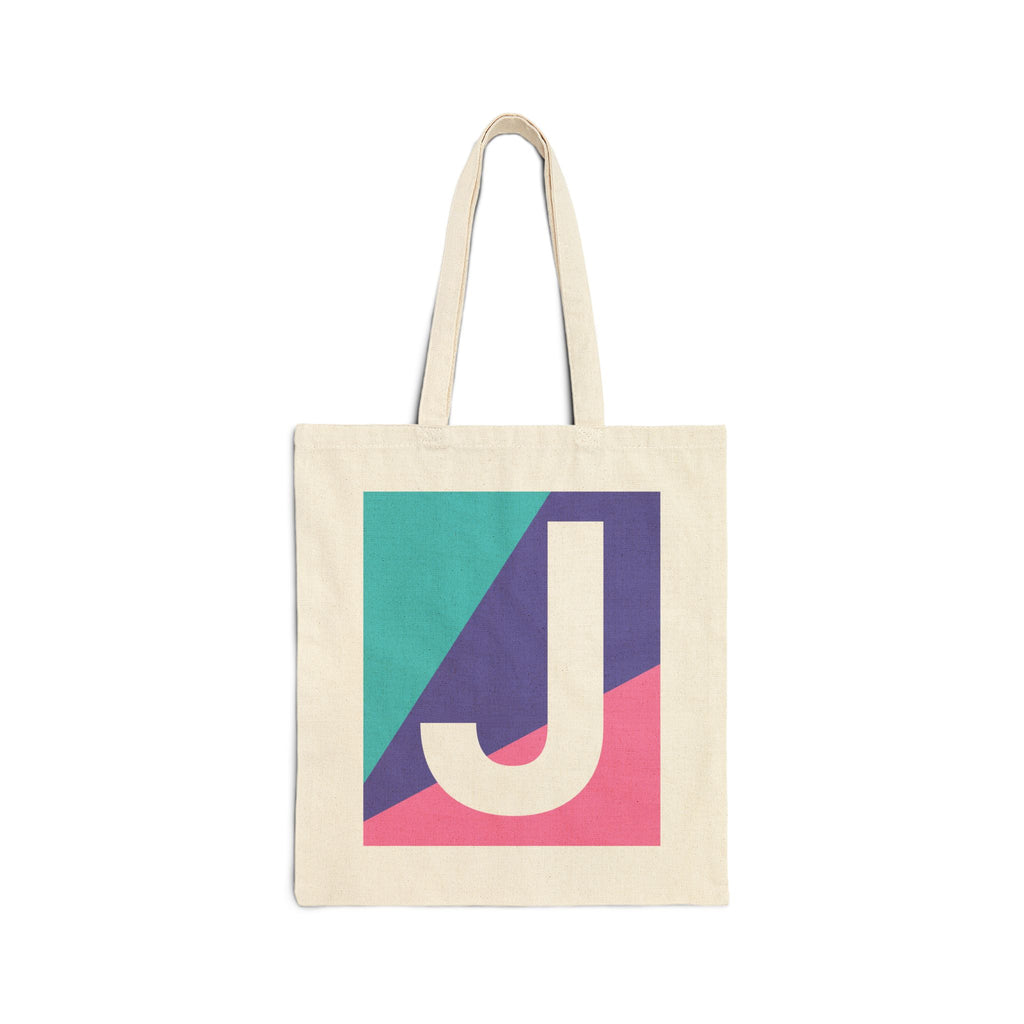 Initial J Colorblock Canvas Tote Bag — Monogram Letter J Reusable Grocery Tote