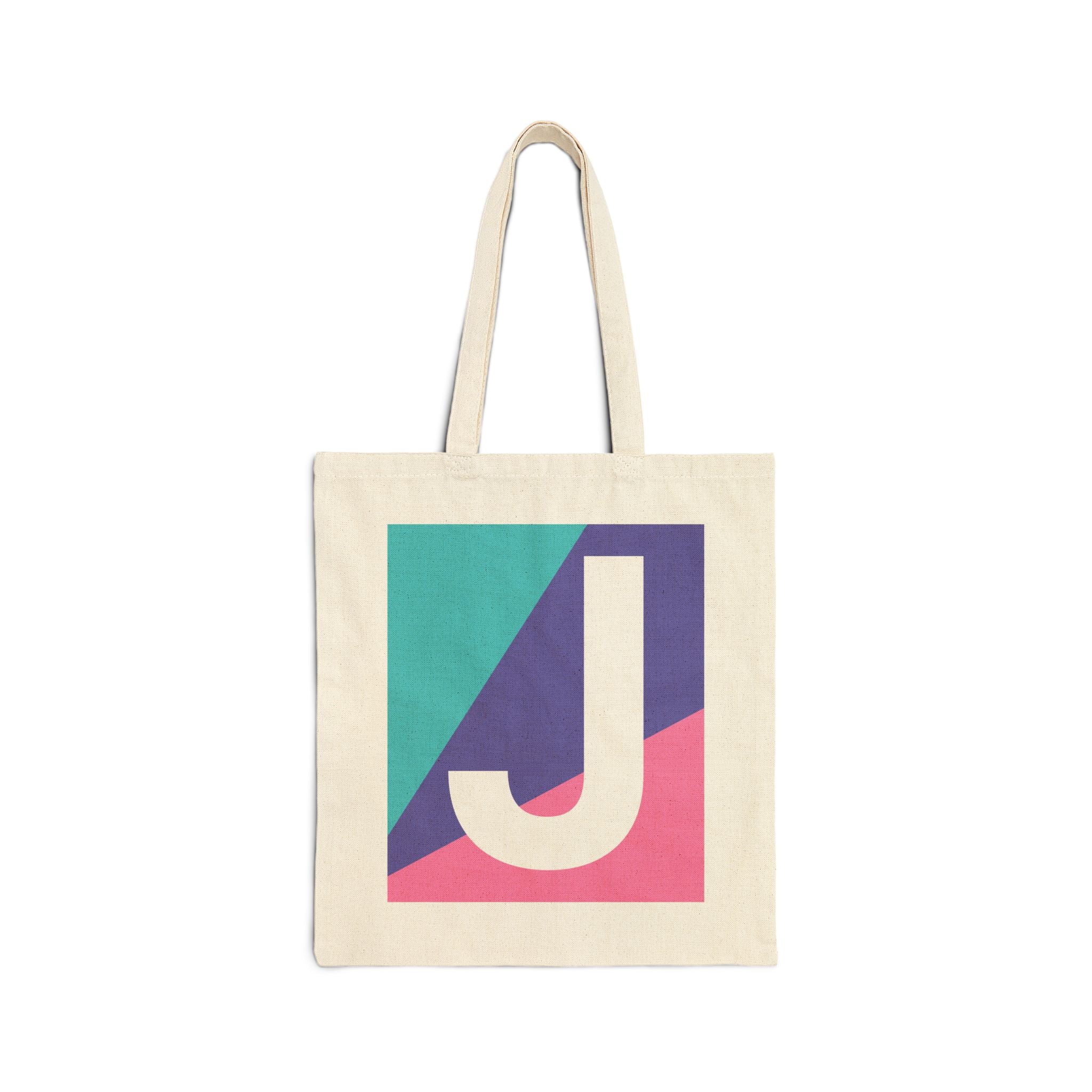 Initial J Colorblock Canvas Tote Bag — Monogram Letter J Reusable Grocery Tote