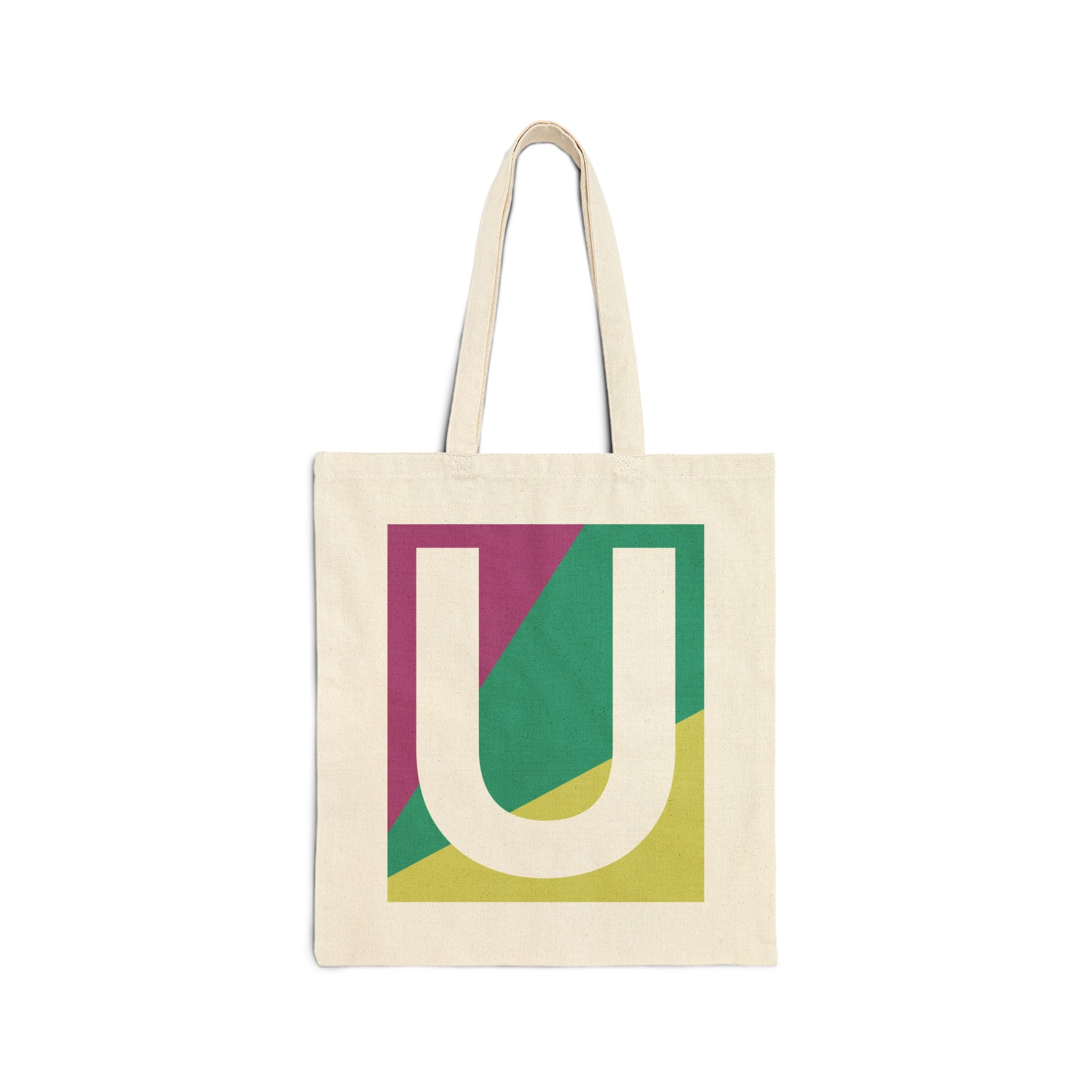 Initial U Colorblock Canvas Tote Bag — Monogram Letter U Reusable Grocery Tote