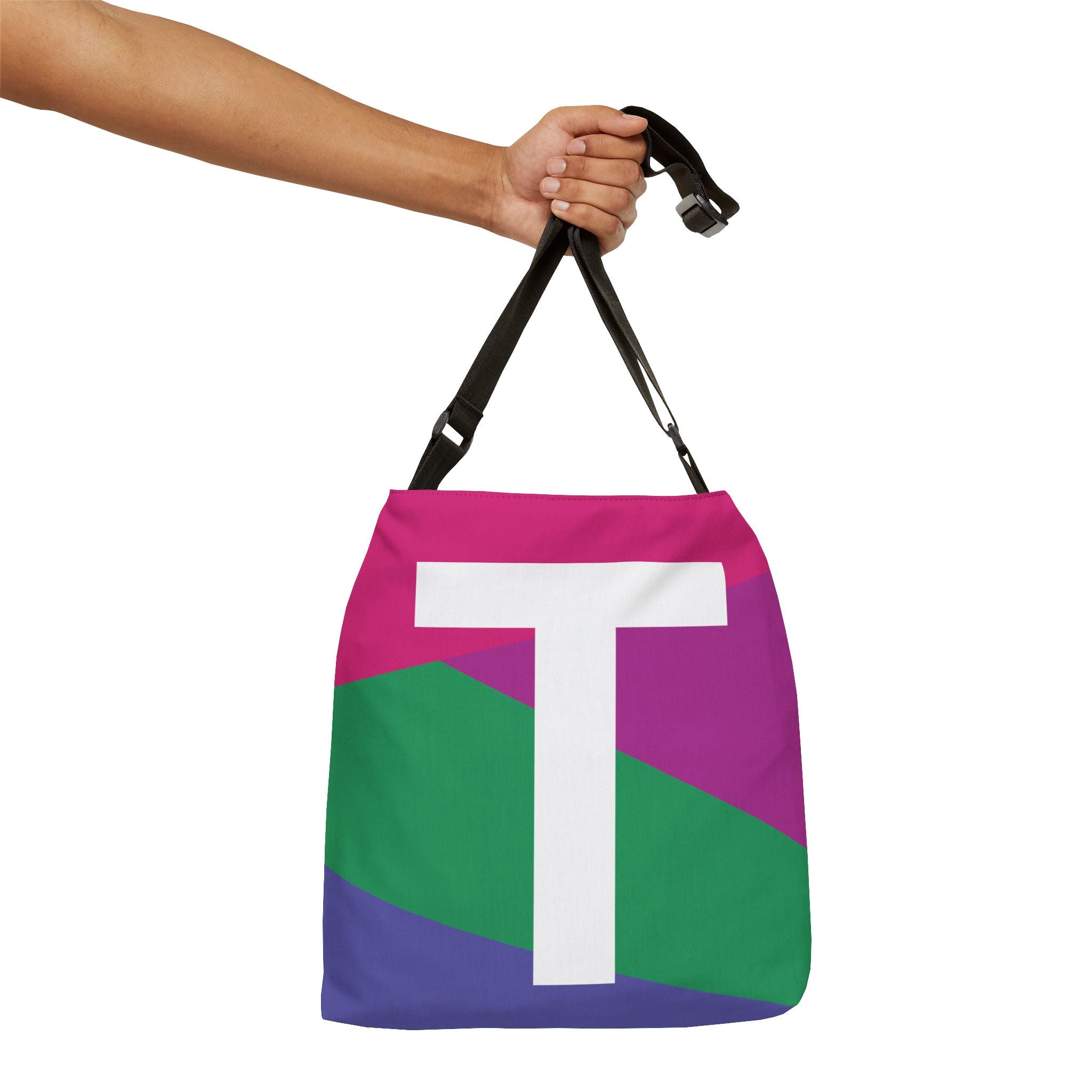 Initial Letter 'T' Colorblock Adjustable Tote Bag — Monogram Alphabet Shoulder Bag