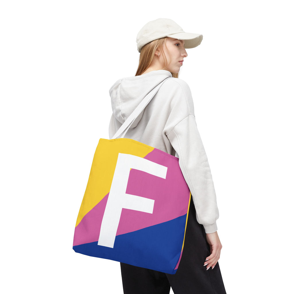 Monogram 'F' Colorblock Tote Bag — Personalized Initial F Shoulder Tote