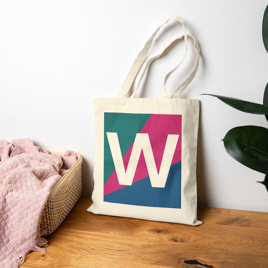 Initial W Colorblock Canvas Tote Bag — Monogram Letter W Reusable Grocery Tote