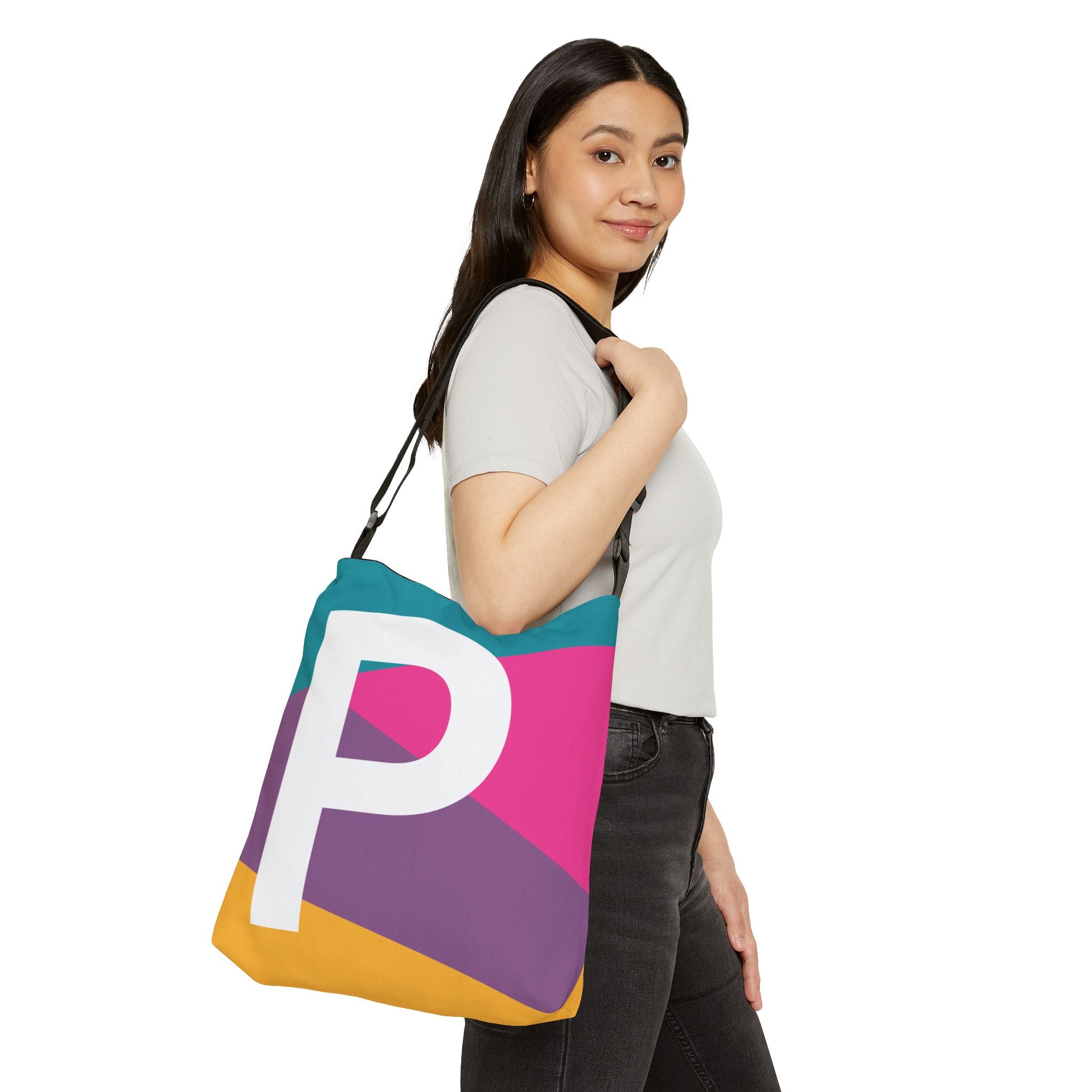 Initial Letter 'P' Colorblock Adjustable Tote Bag — Monogram Alphabet Shoulder Bag