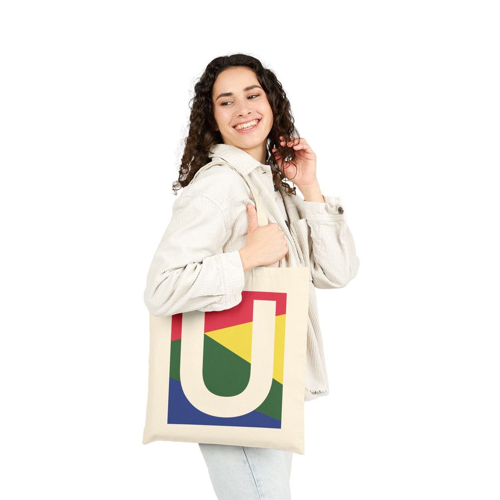 Initial U Colorblock Canvas Tote Bag — Monogram Letter U Reusable Grocery Tote