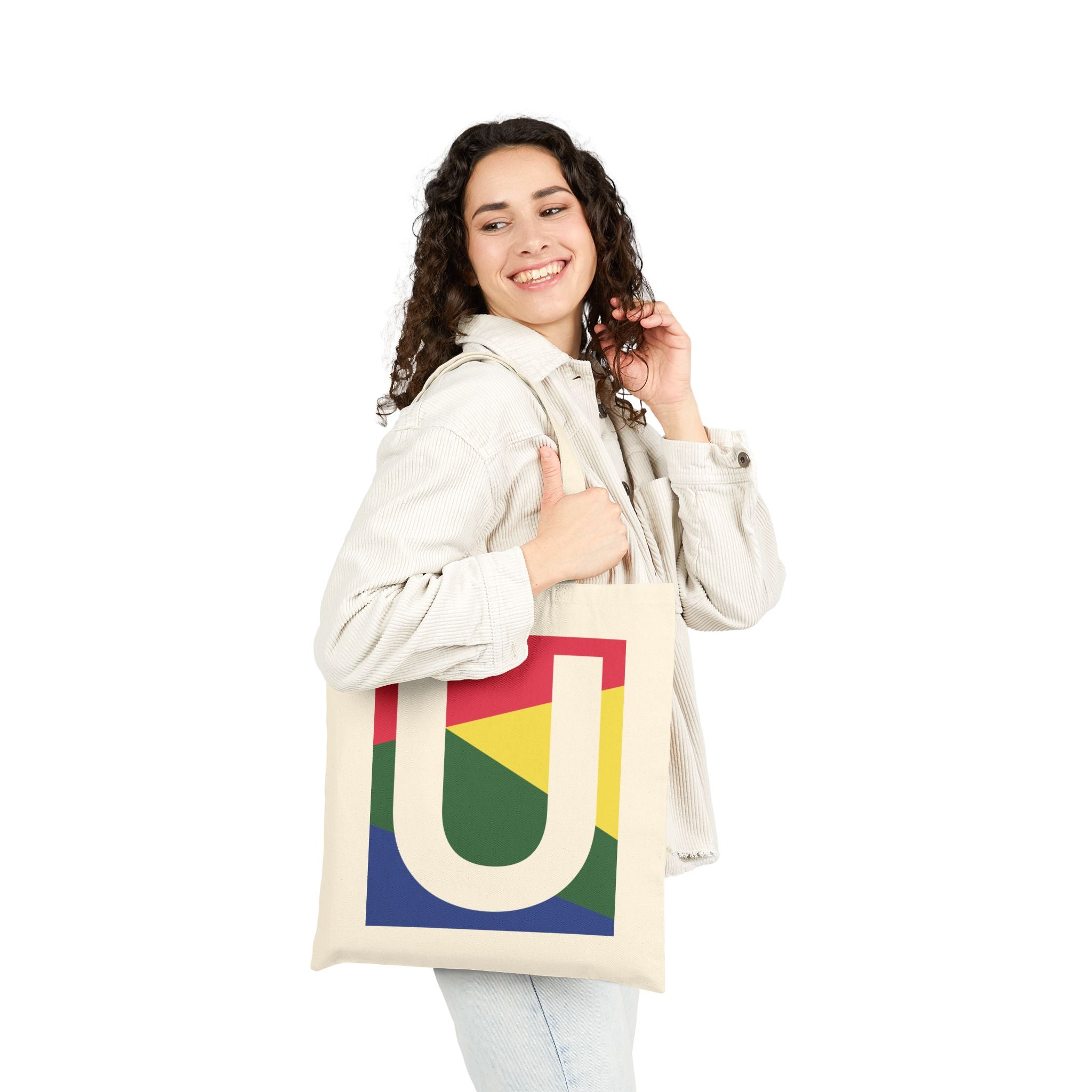 Initial U Colorblock Canvas Tote Bag — Monogram Letter U Reusable Grocery Tote