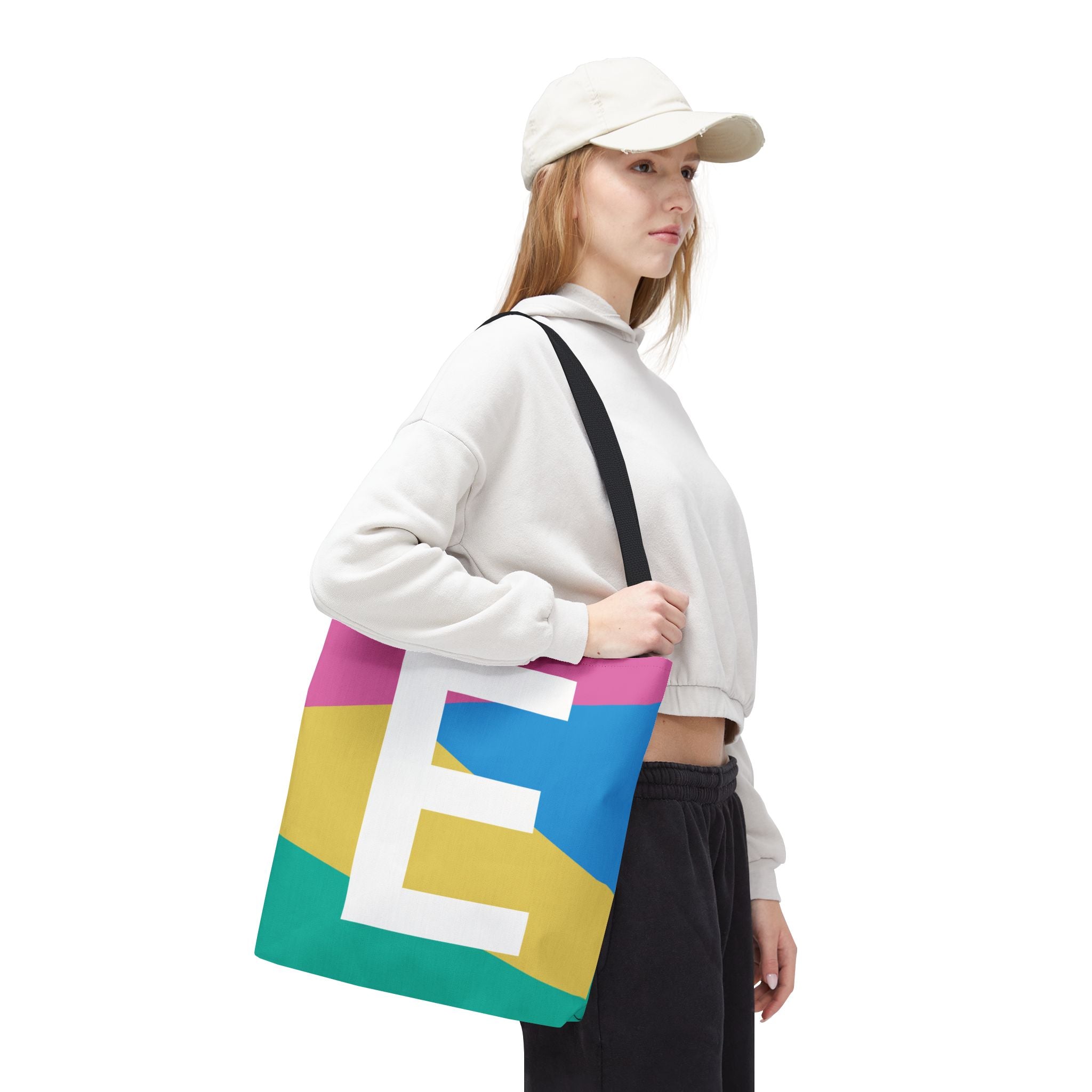 Monogram 'E' Colorblock Tote Bag — Personalized Initial E Shoulder Tote