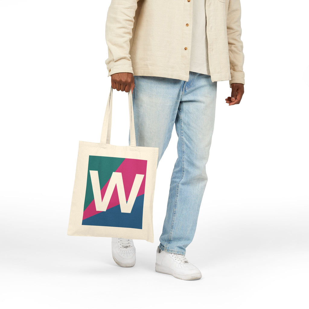 Initial W Colorblock Canvas Tote Bag — Monogram Letter W Reusable Grocery Tote
