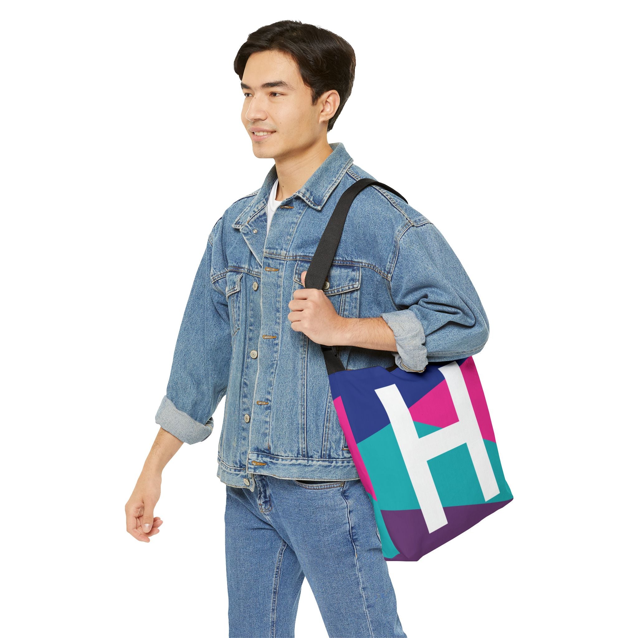 Initial Letter 'H' Colorblock Adjustable Tote Bag — Monogram Alphabet Shoulder Bag