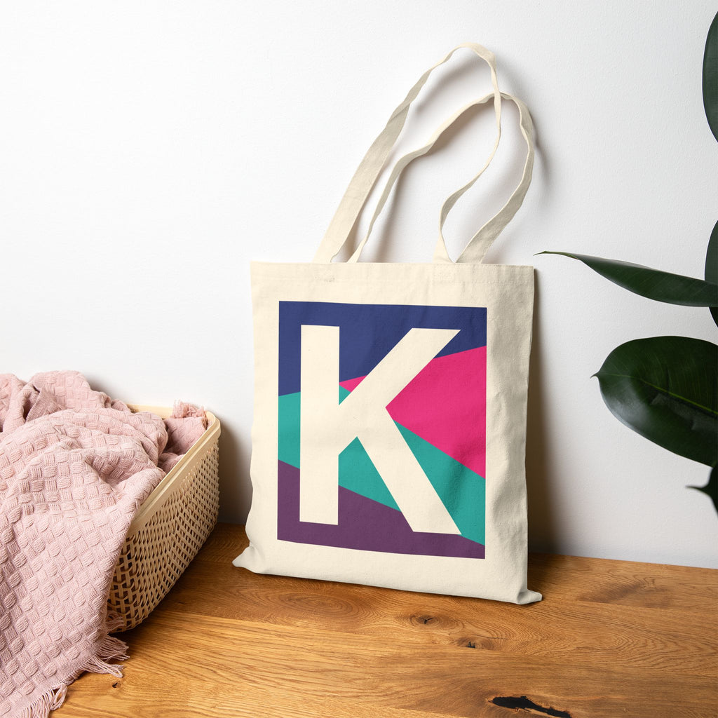 Initial K Colorblock Canvas Tote Bag — Monogram Letter K Reusable Grocery Tote