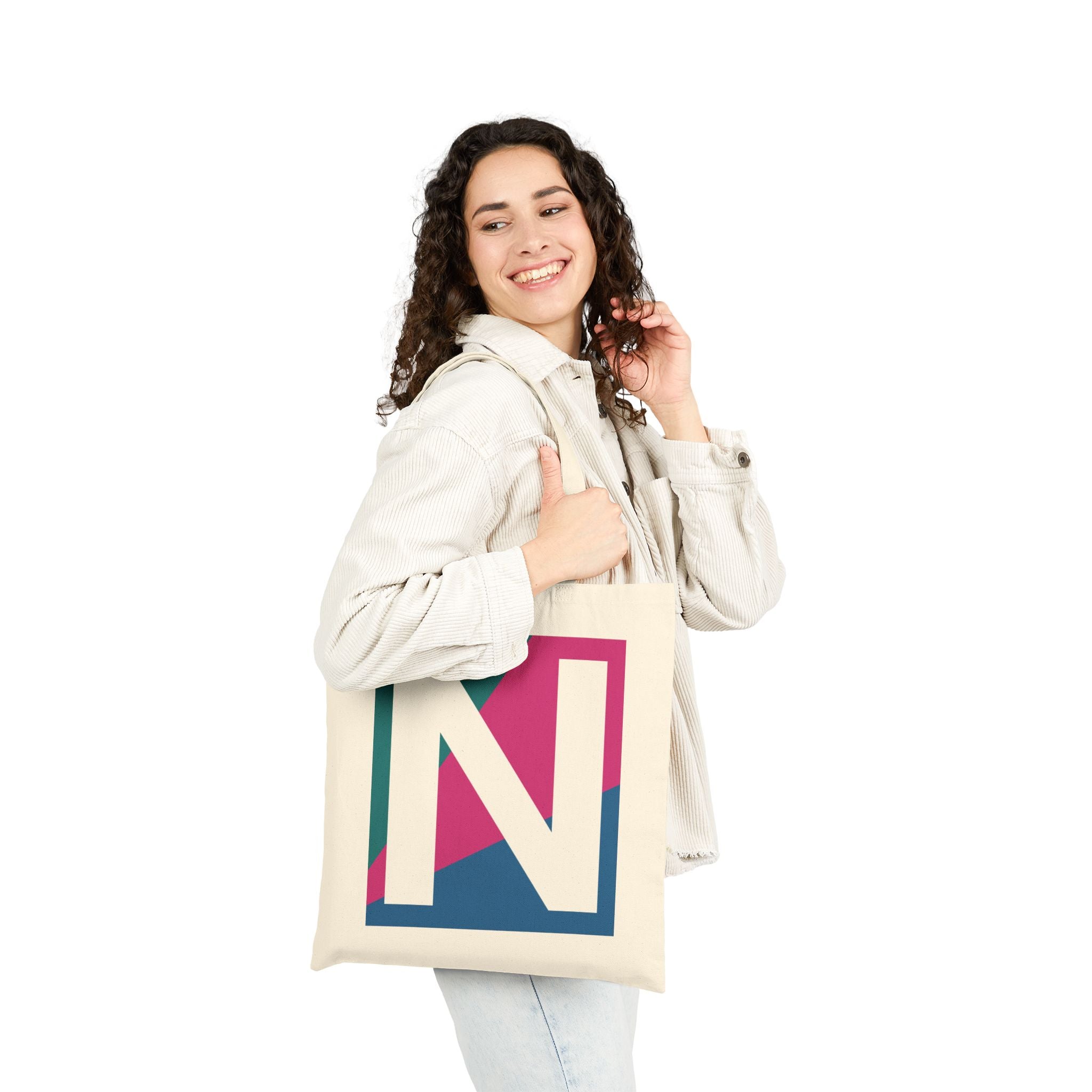 Initial N Colorblock Canvas Tote Bag — Monogram Letter N Reusable Grocery Tote