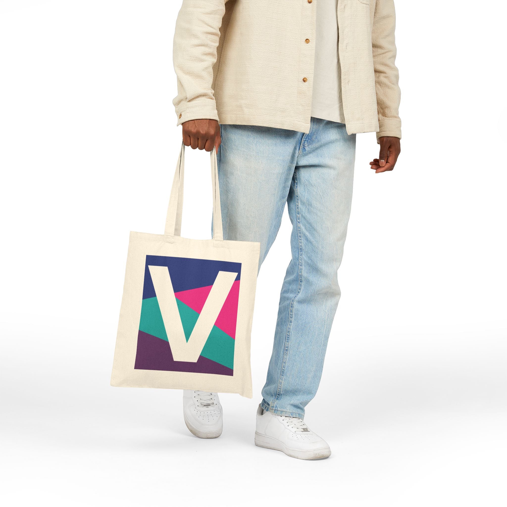 Initial V Colorblock Canvas Tote Bag — Monogram Letter V Reusable Grocery Tote