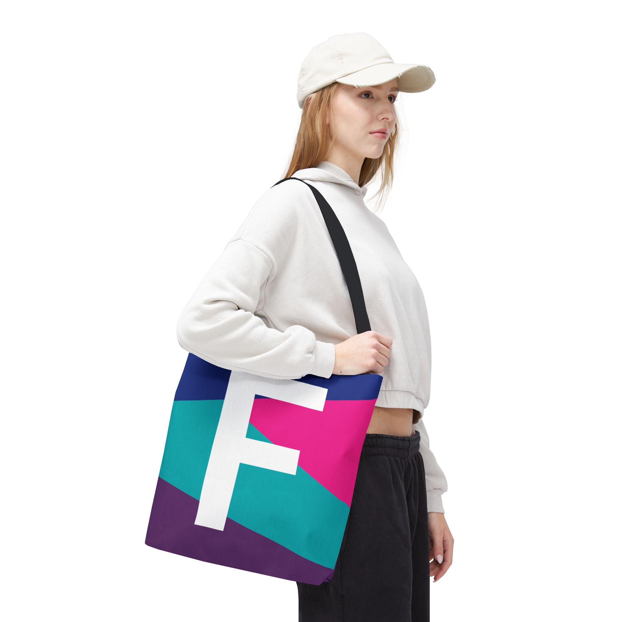 Monogram 'F' Colorblock Tote Bag — Personalized Initial F Shoulder Tote