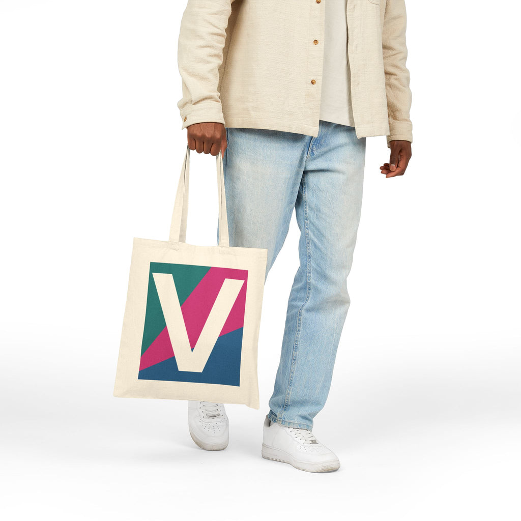 Initial V Colorblock Canvas Tote Bag — Monogram Letter V Reusable Grocery Tote