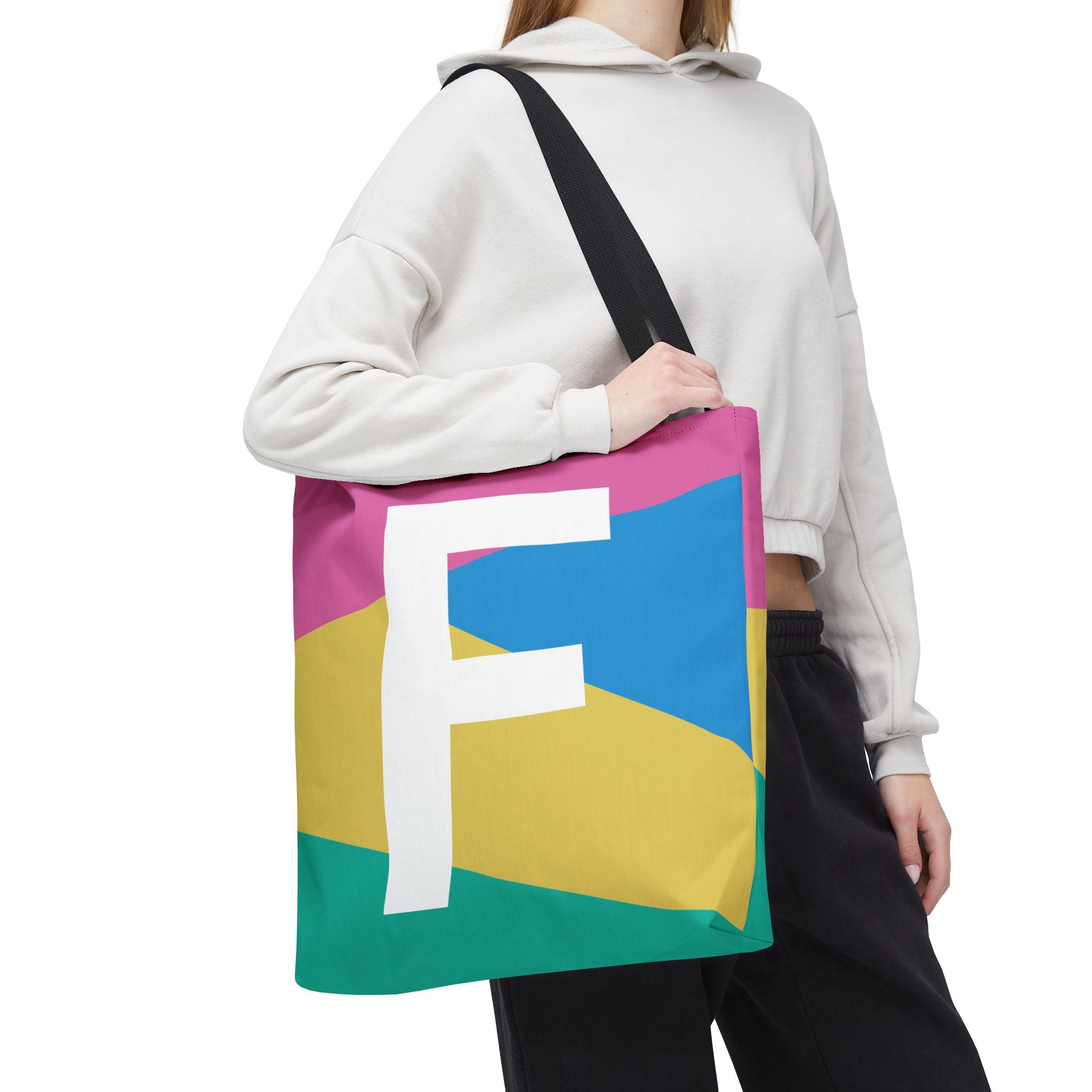 Monogram 'F' Colorblock Tote Bag — Personalized Initial F Shoulder Tote