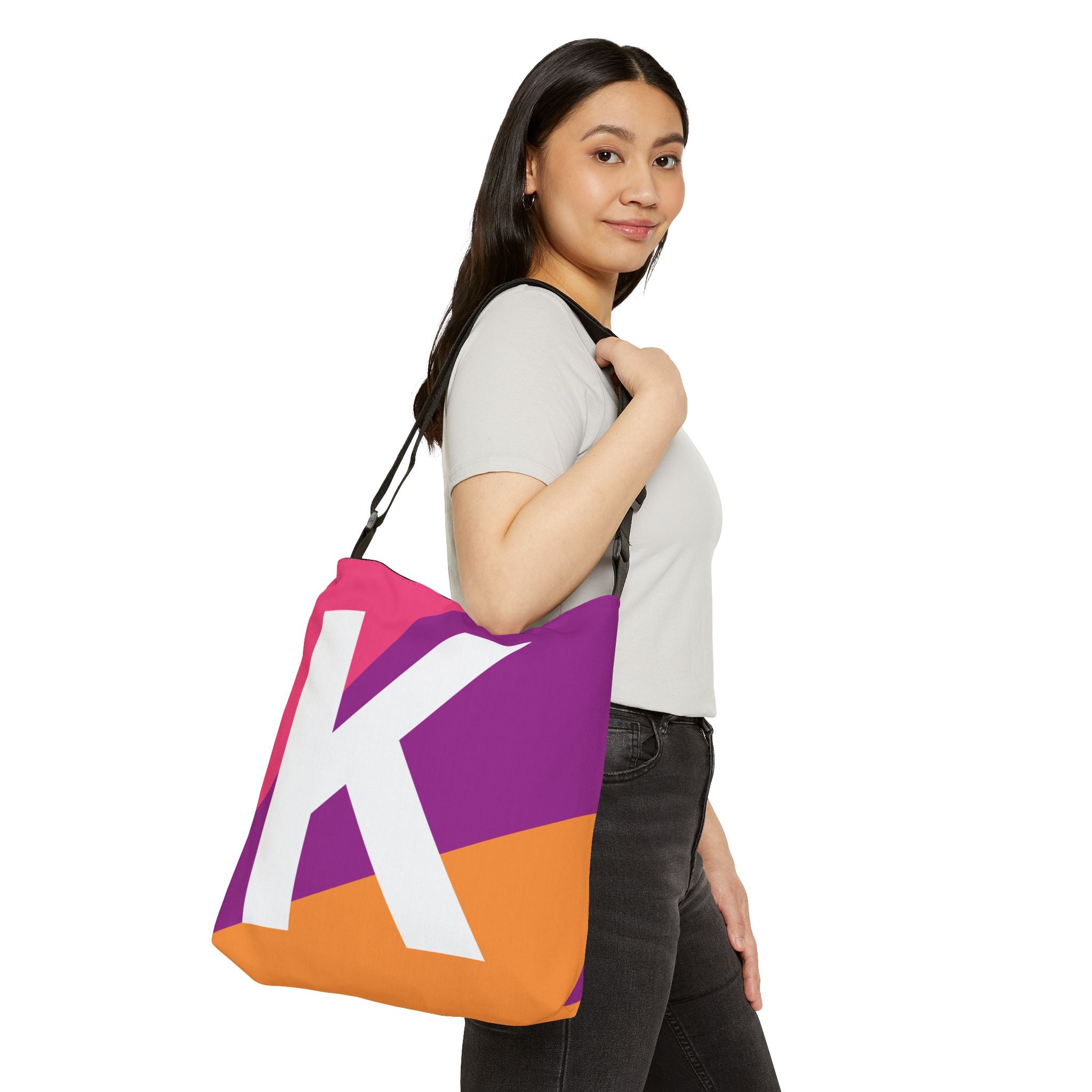 Initial Letter 'K' Colorblock Adjustable Tote Bag — Monogram Alphabet Shoulder Bag