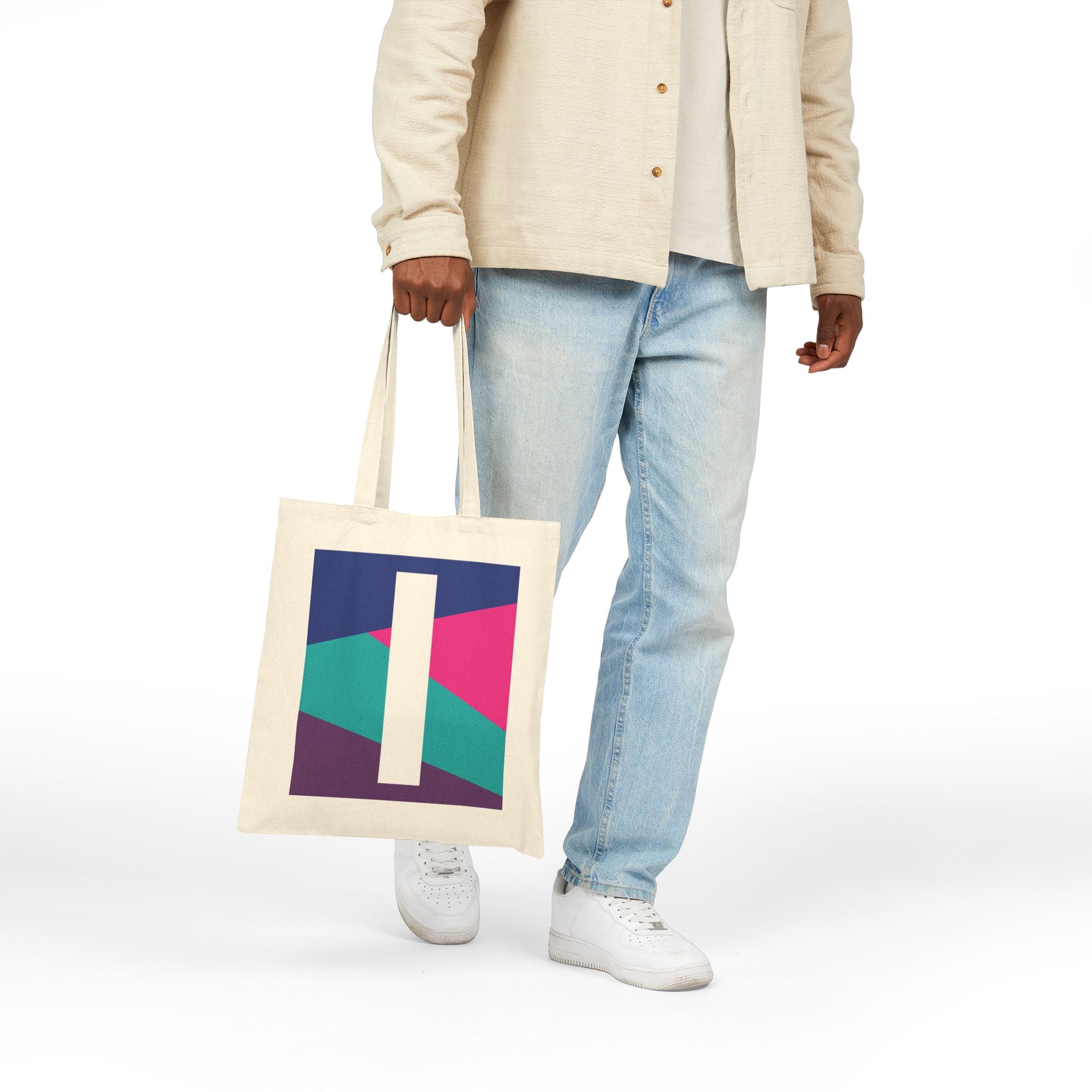 Initial I Colorblock Canvas Tote Bag — Monogram Letter I Reusable Grocery Tote