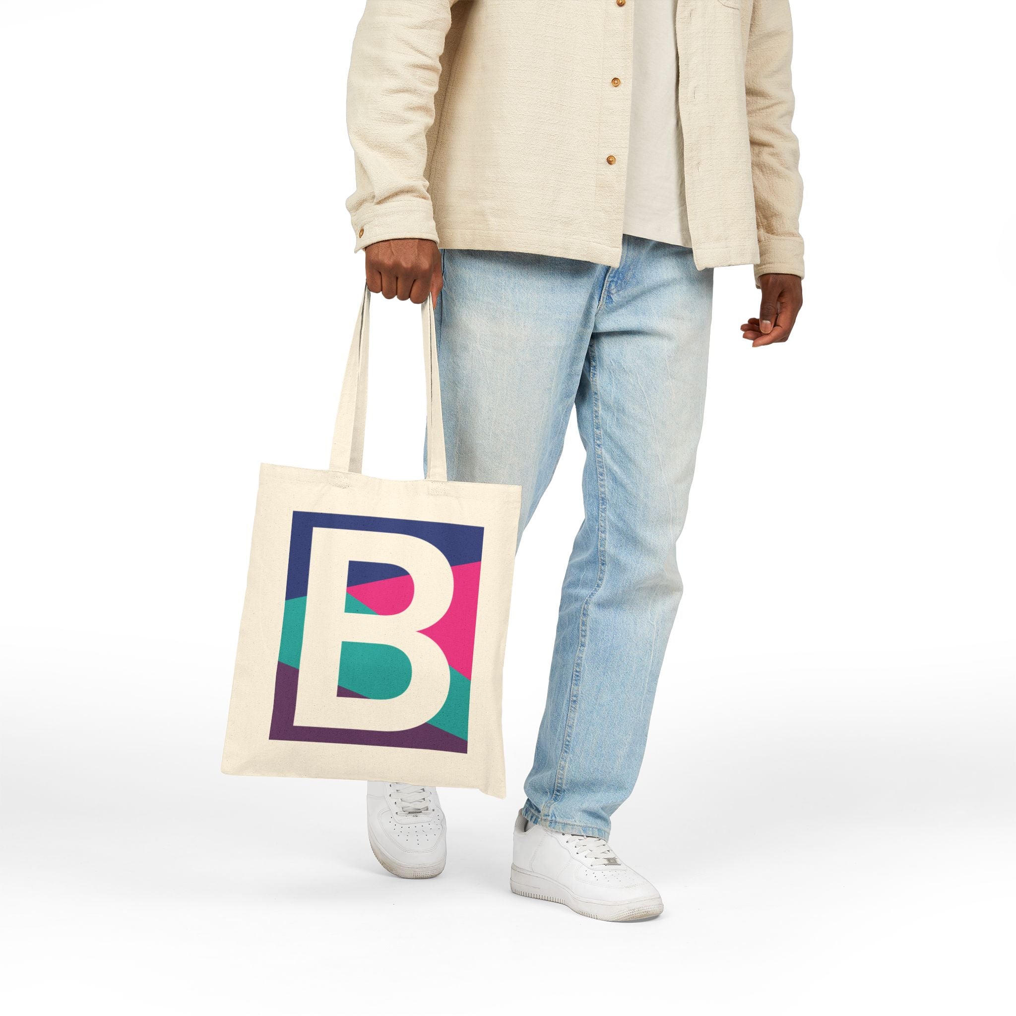Initial B Colorblock Canvas Tote Bag — Monogram Letter B Reusable Grocery Tote