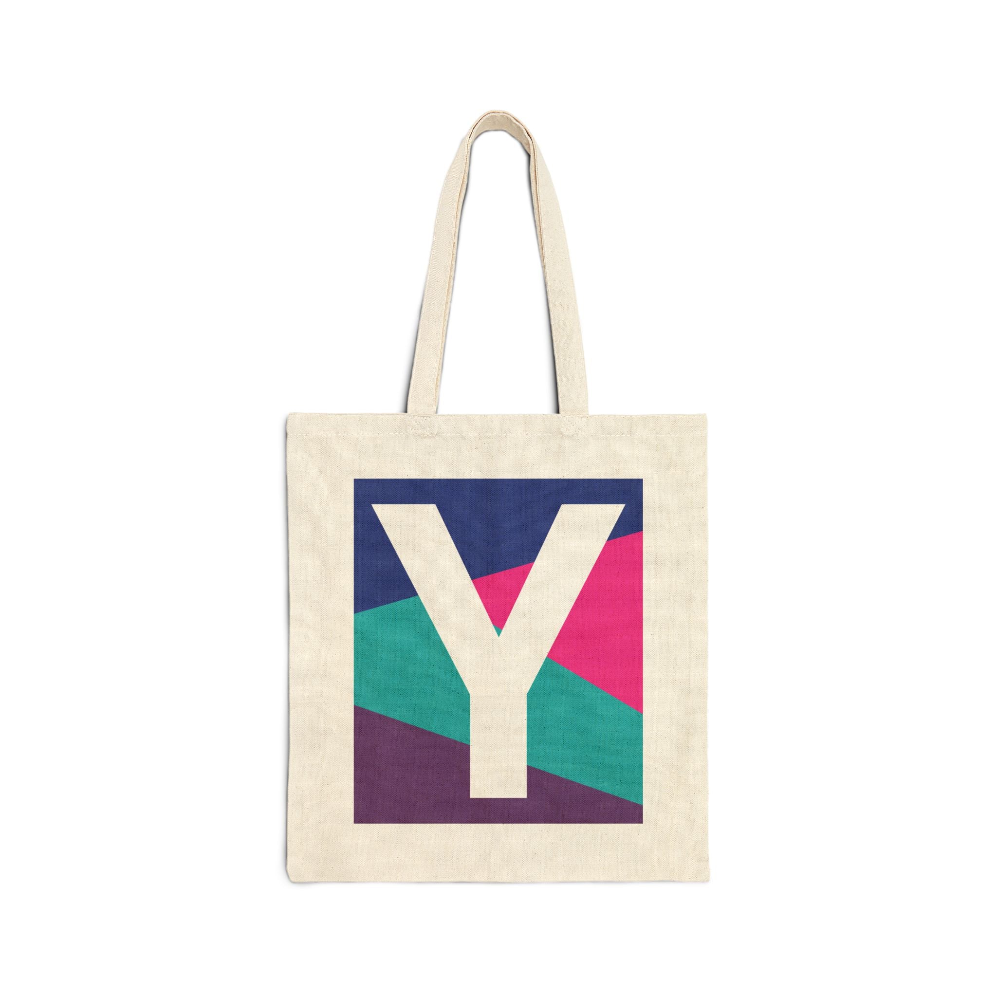Initial Y Colorblock Canvas Tote Bag — Monogram Letter Y Reusable Grocery Tote