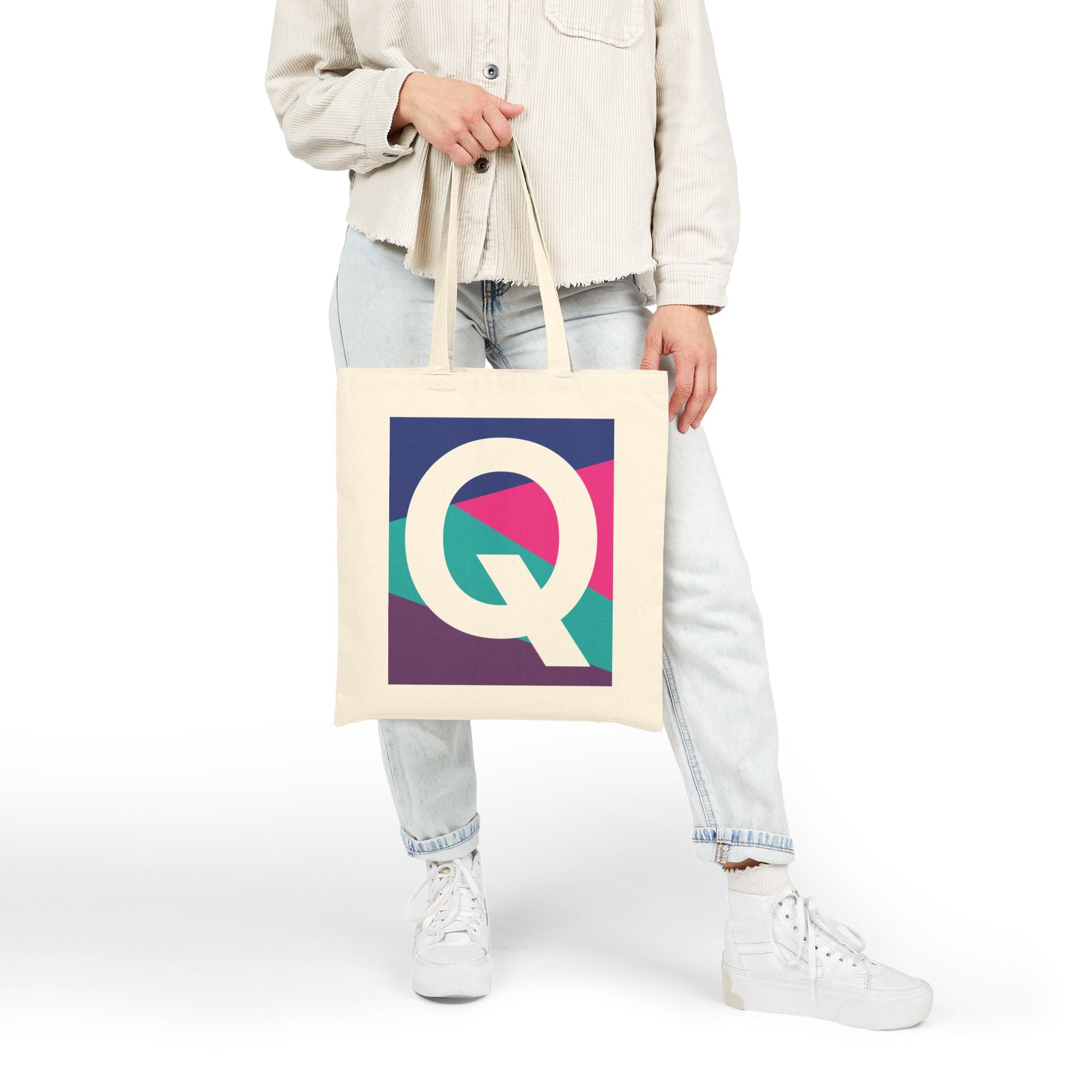Initial Q Colorblock Canvas Tote Bag — Monogram Letter Q Reusable Grocery Tote