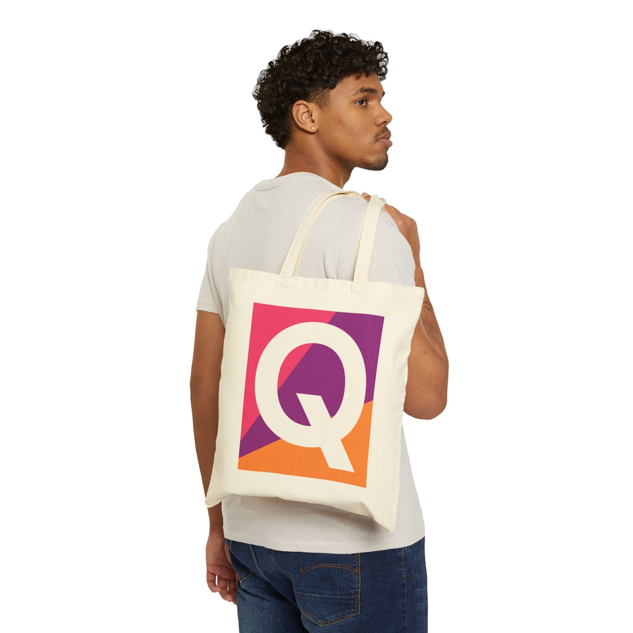 Initial Q Colorblock Canvas Tote Bag — Monogram Letter Q Reusable Grocery Tote